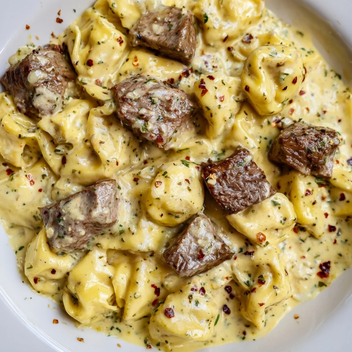 Garlic Steak Tortellini served hot with fresh parsley garnish and a side salad for a complete meal.