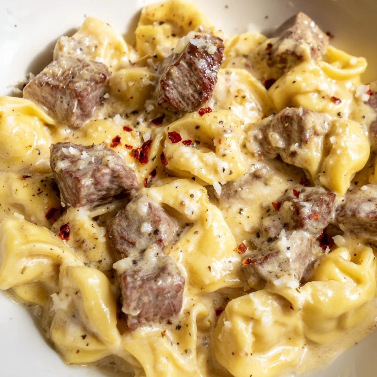 Restaurant-style Garlic Steak Tortellini plated with glistening creamy sauce, highlighting juicy steak and plump cheese tortellini.