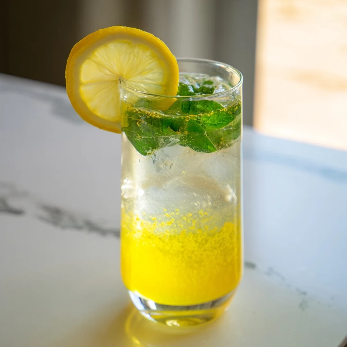 A glass of Easy Limoncello Mocktail with ice, lemon slices, and mint leaves on a bright summer table.