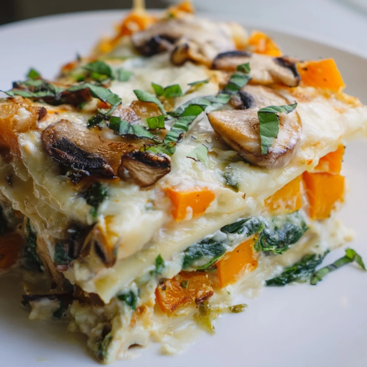 Golden-brown Butternut Squash, Spinach & Mushroom Lasagna sits bubbling in a ceramic dish, with fresh basil garnish.