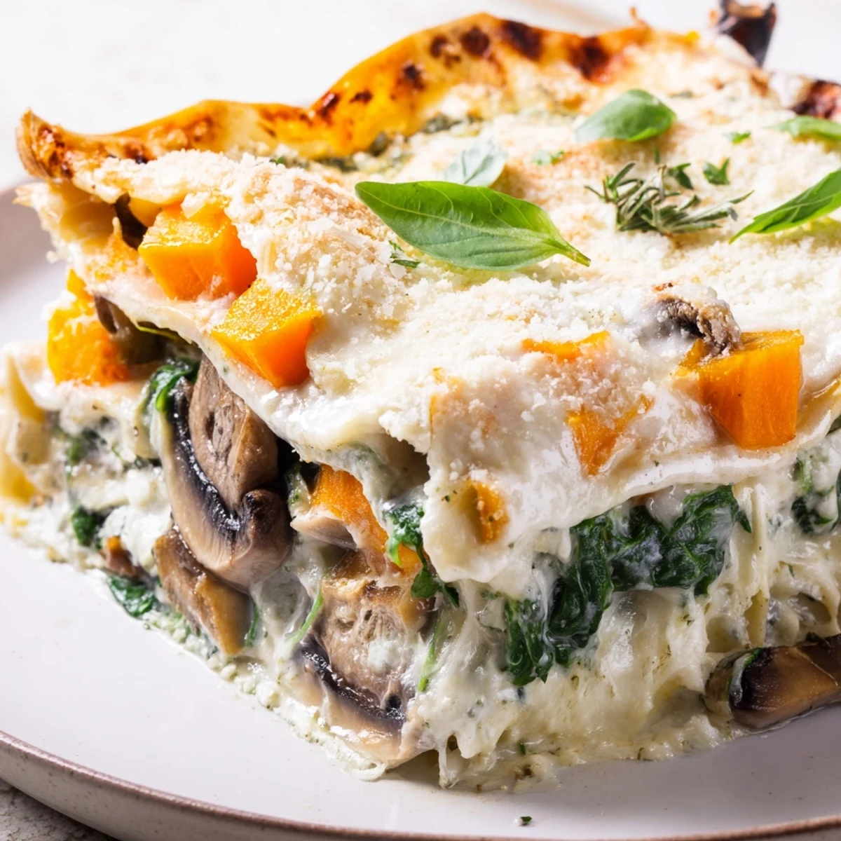 Close-up of a slice of Butternut Squash, Spinach & Mushroom Lasagna revealing creamy layers and spinach specks.