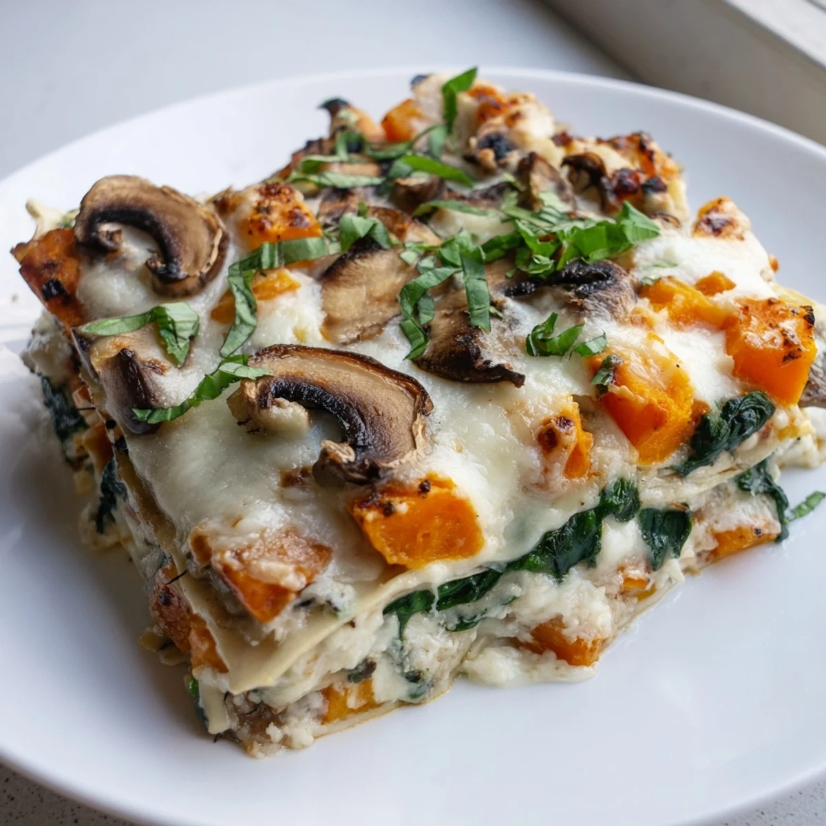 A family-style casserole dish of Butternut Squash, Spinach & Mushroom Lasagna ready to be served for dinner.