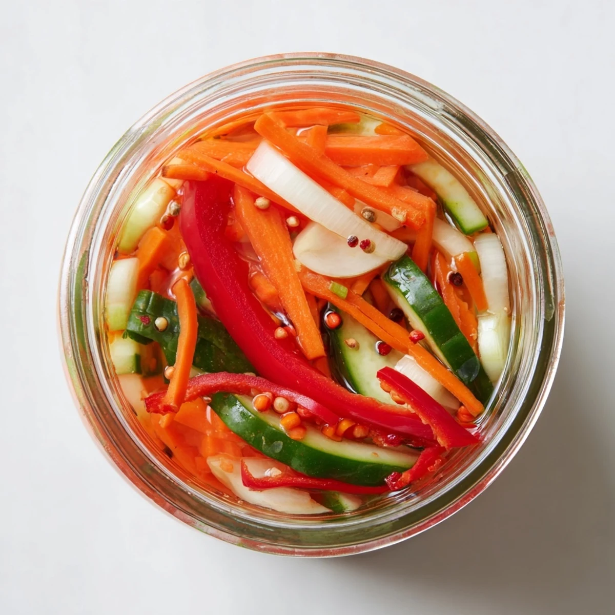 Vibrant julienned carrots and daikon in the Vietnamese Vegetable Pickle Medley glisten with tangy brine and garlic.  