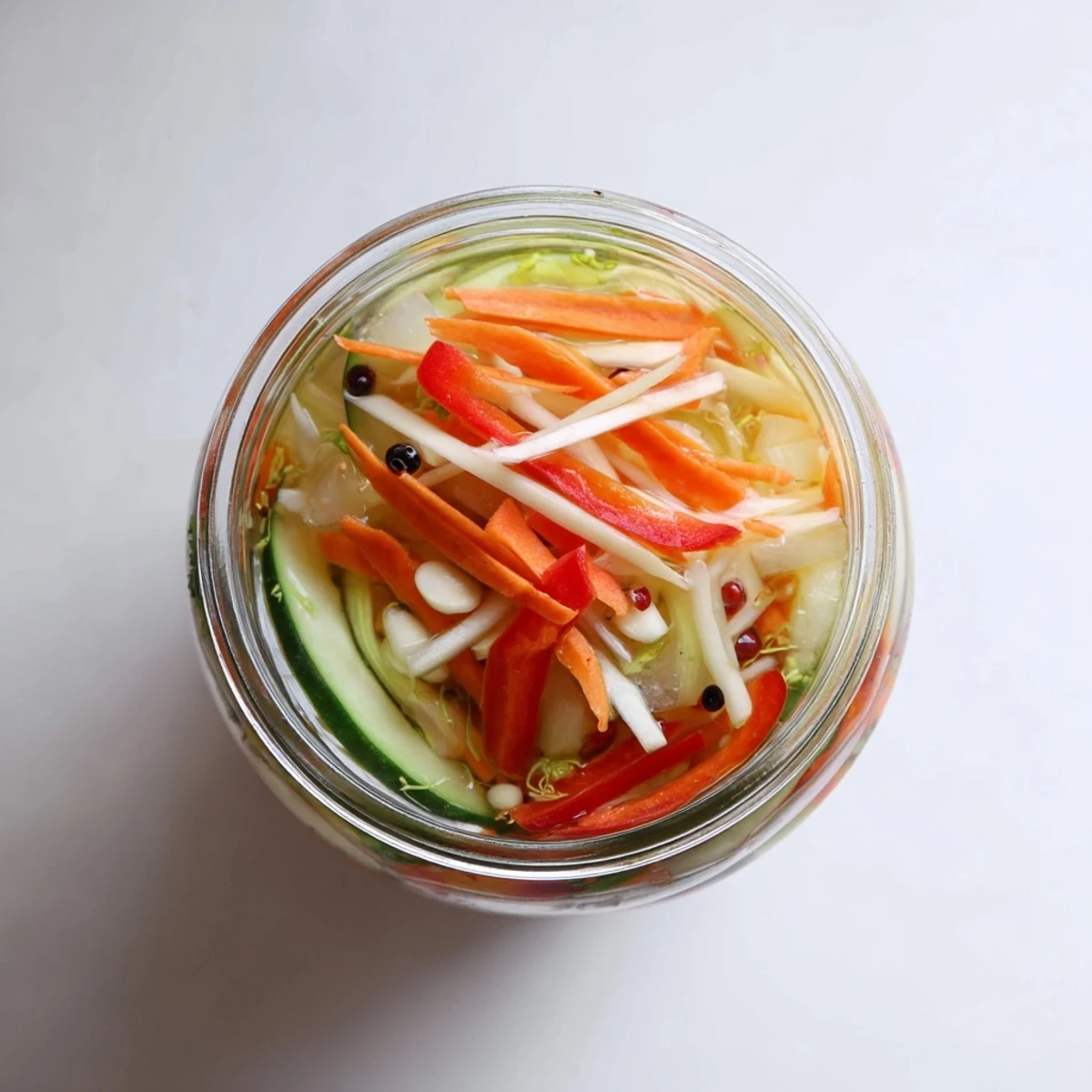 A glass jar displays colorful pickled cucumber and peppers, a crisp Vietnamese Vegetable Pickle Medley side.  