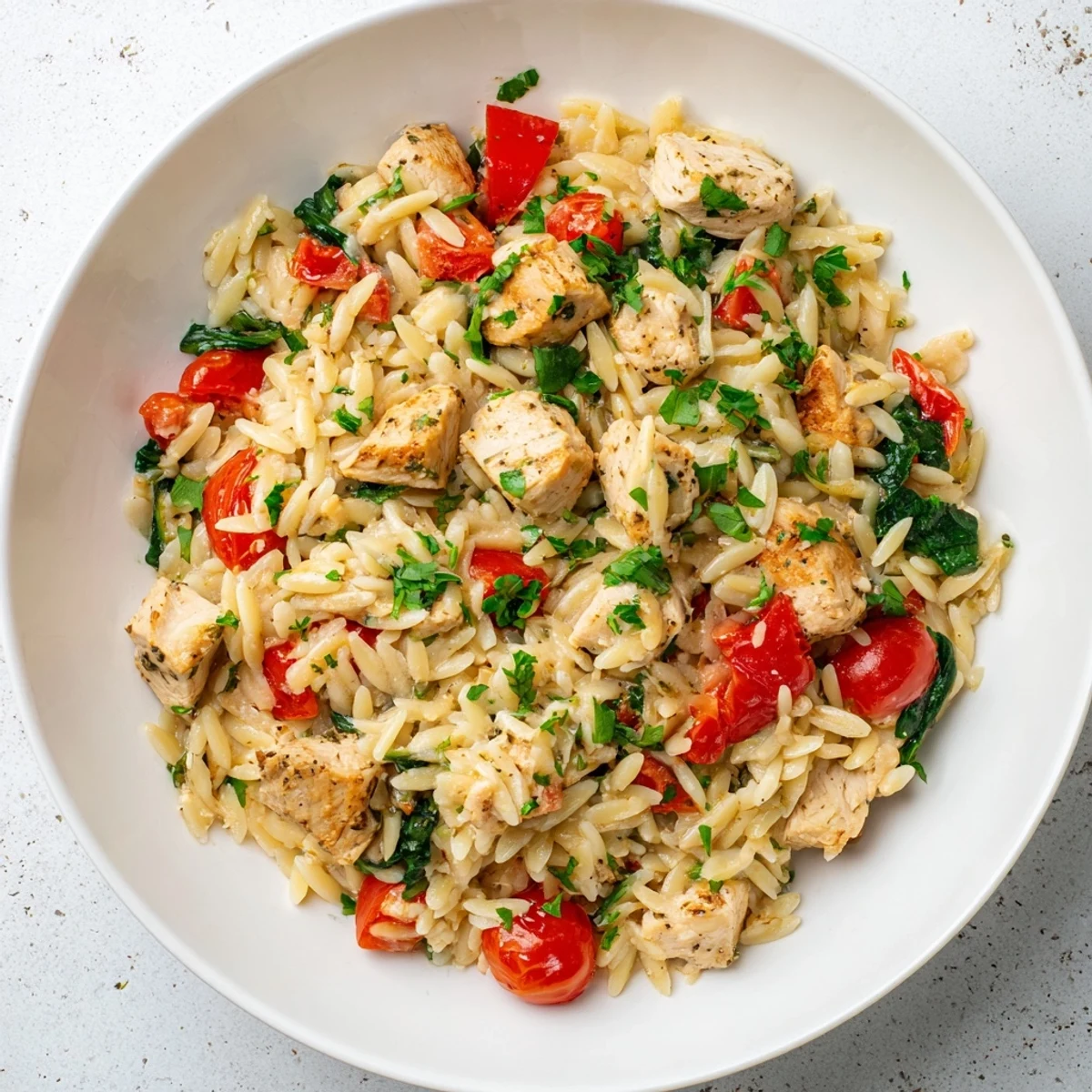 Serving suggestion for high protein chicken orzo on a white plate with a side salad and lemon wedges.