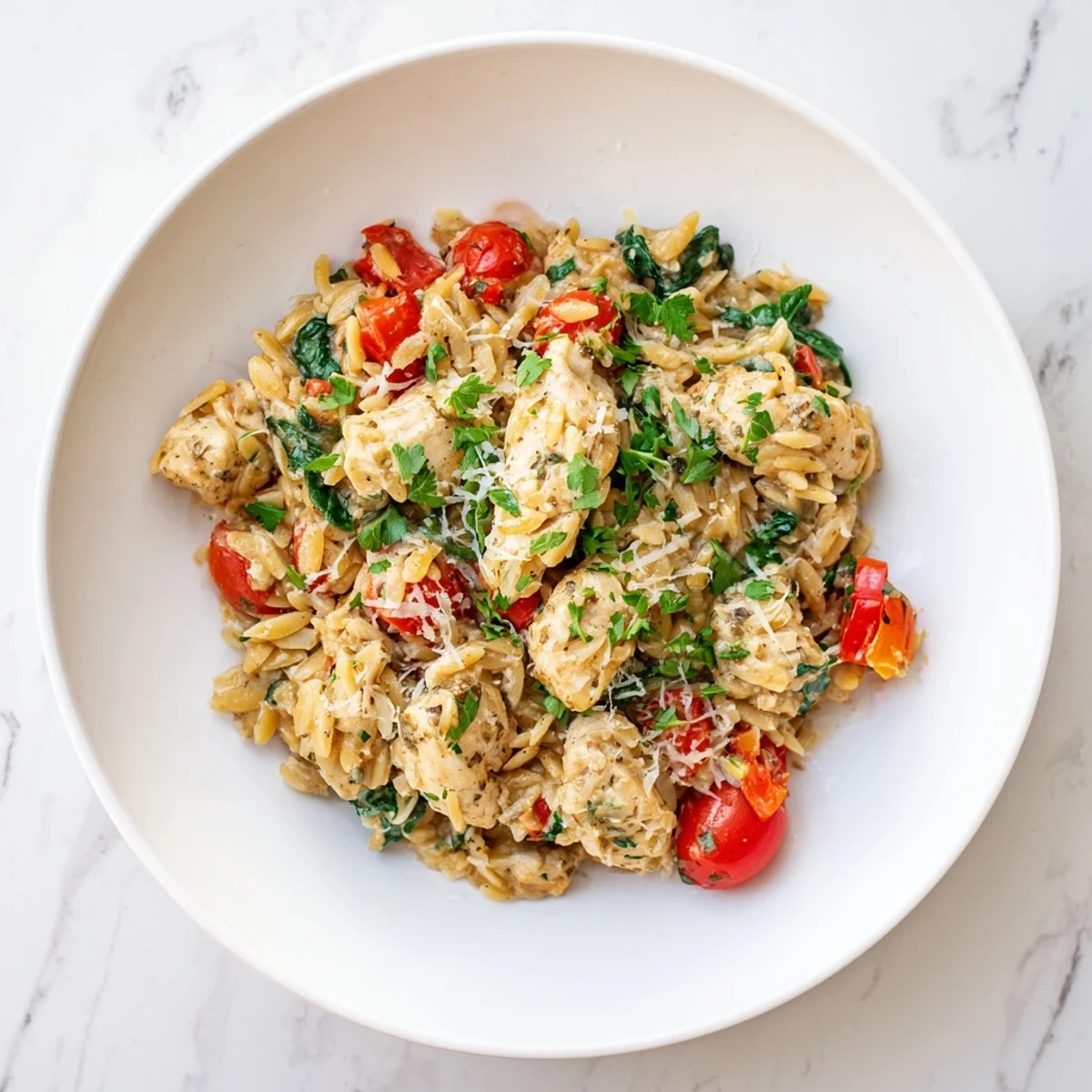 A close-up of high protein chicken orzo in a skillet, featuring tender chicken pieces and bright cherry tomatoes.