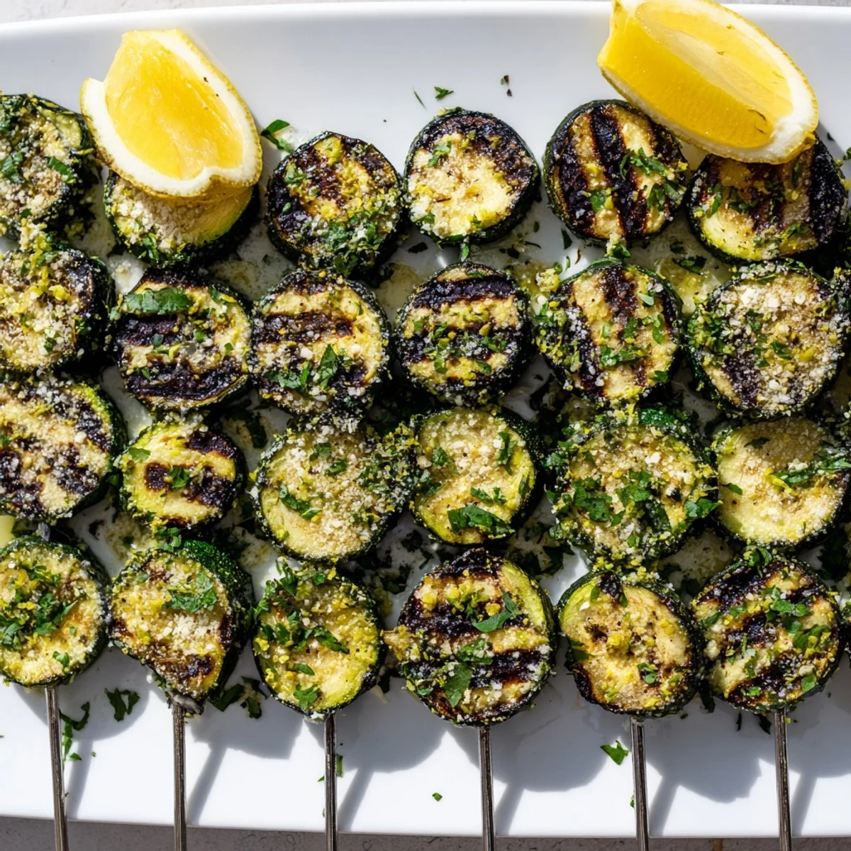 Grilled zucchini rounds on skewers brushed with garlic butter, finished with fresh parsley and a hint of lemon zest.