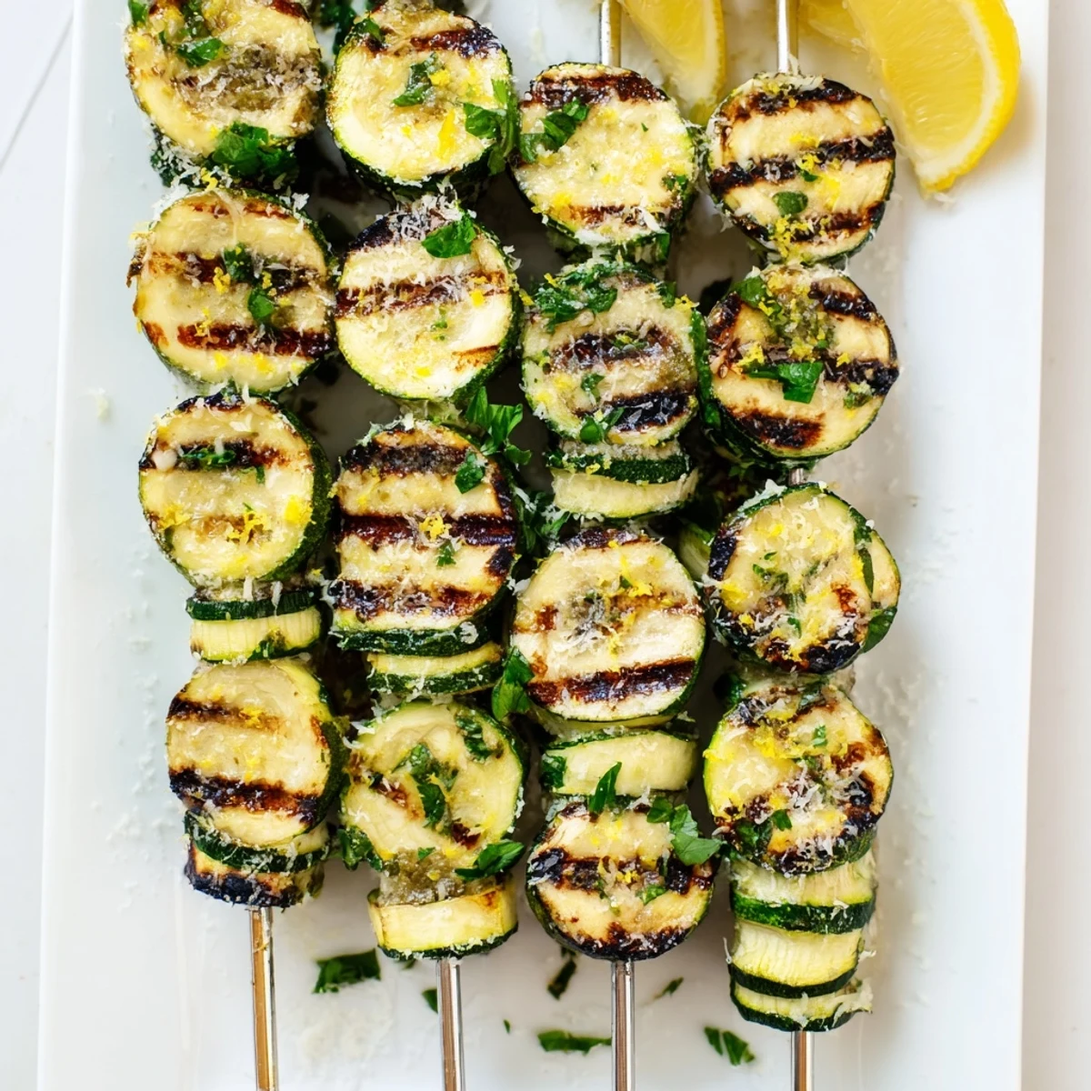 Tender Mediterranean Garlic Butter Zucchini Skewers with parmesan garnish, perfect for a summer vegetarian side dish spread.