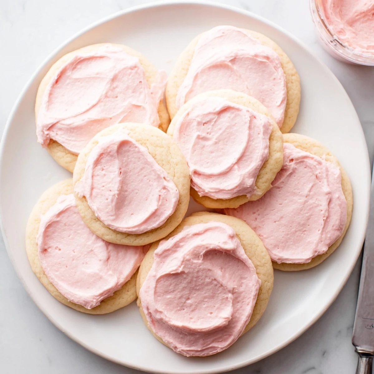 Freshly baked Crumbl Sugar Cookies with smooth pink almond frosting, served warm with a glass of cold milk.