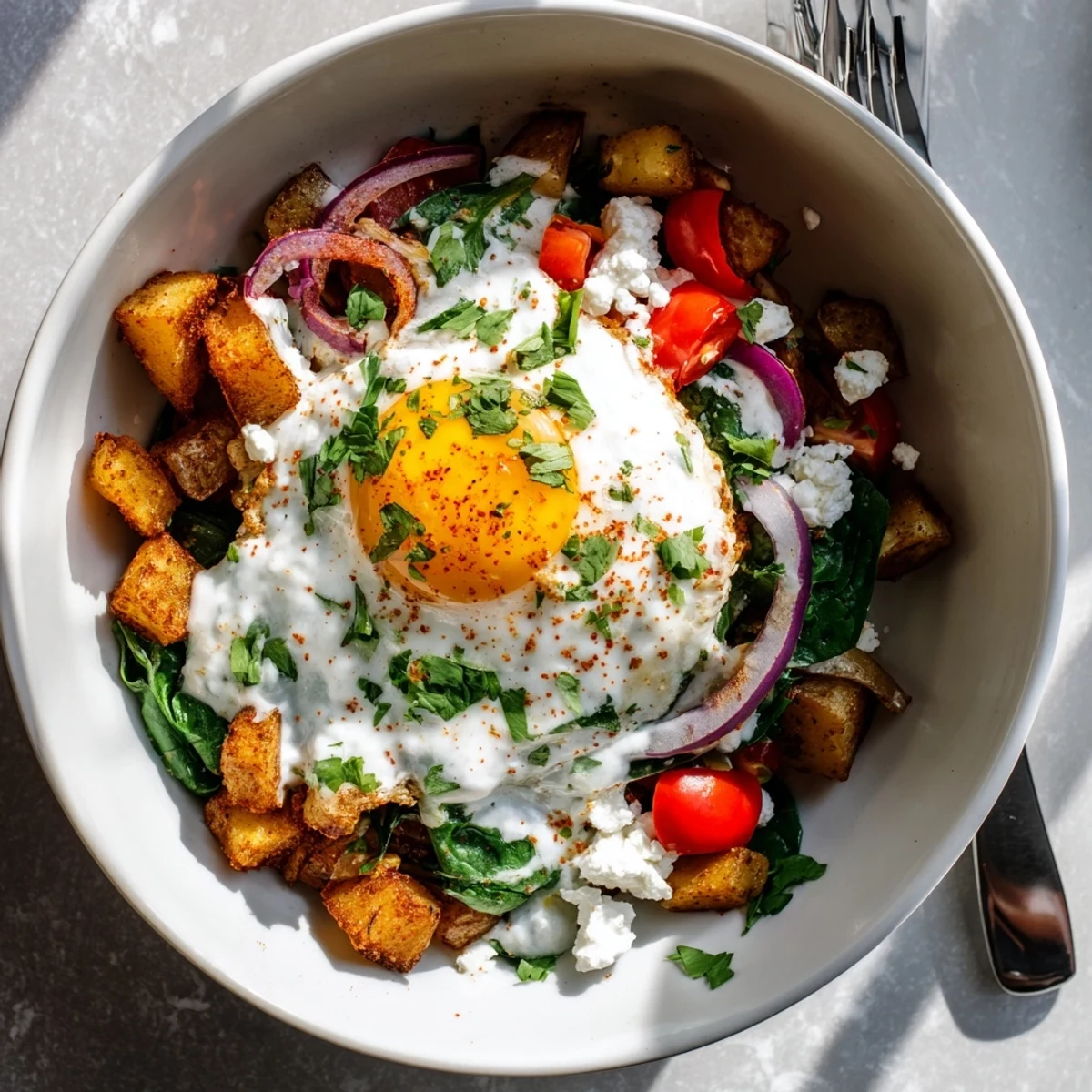 Close-up of a Savory Breakfast Bowl with golden crispy potatoes, wilted spinach, and a perfectly cooked runny-yolk egg topped with creamy yogurt sauce.