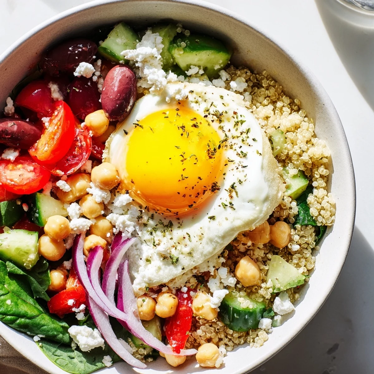 Colorful Mediterranean Breakfast Bowls with fresh veggies, olives, and a drizzle of olive oil dressing.