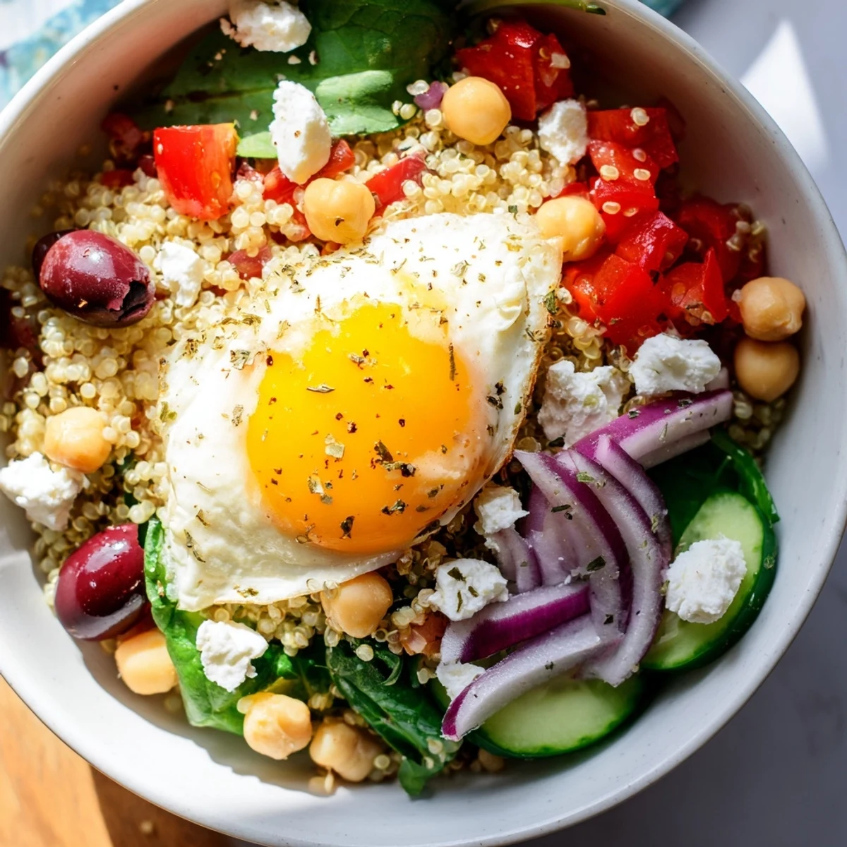 A close-up of Mediterranean Breakfast Bowls with quinoa, feta, and a sunny fried egg on top.