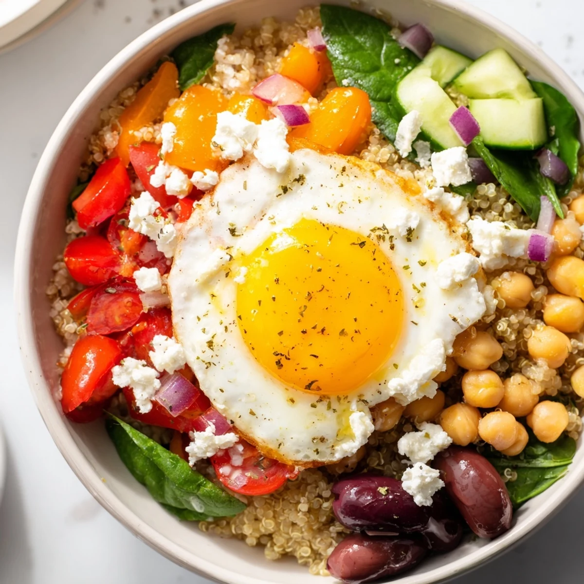 Overhead view of Mediterranean Breakfast Bowls served in white bowls, ready for a healthy breakfast.