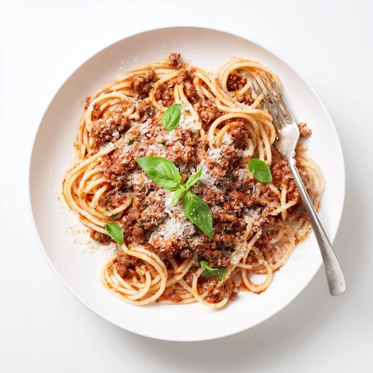 A hearty plate of The Bear Spaghetti with rich red sauce and fresh basil garnish.
