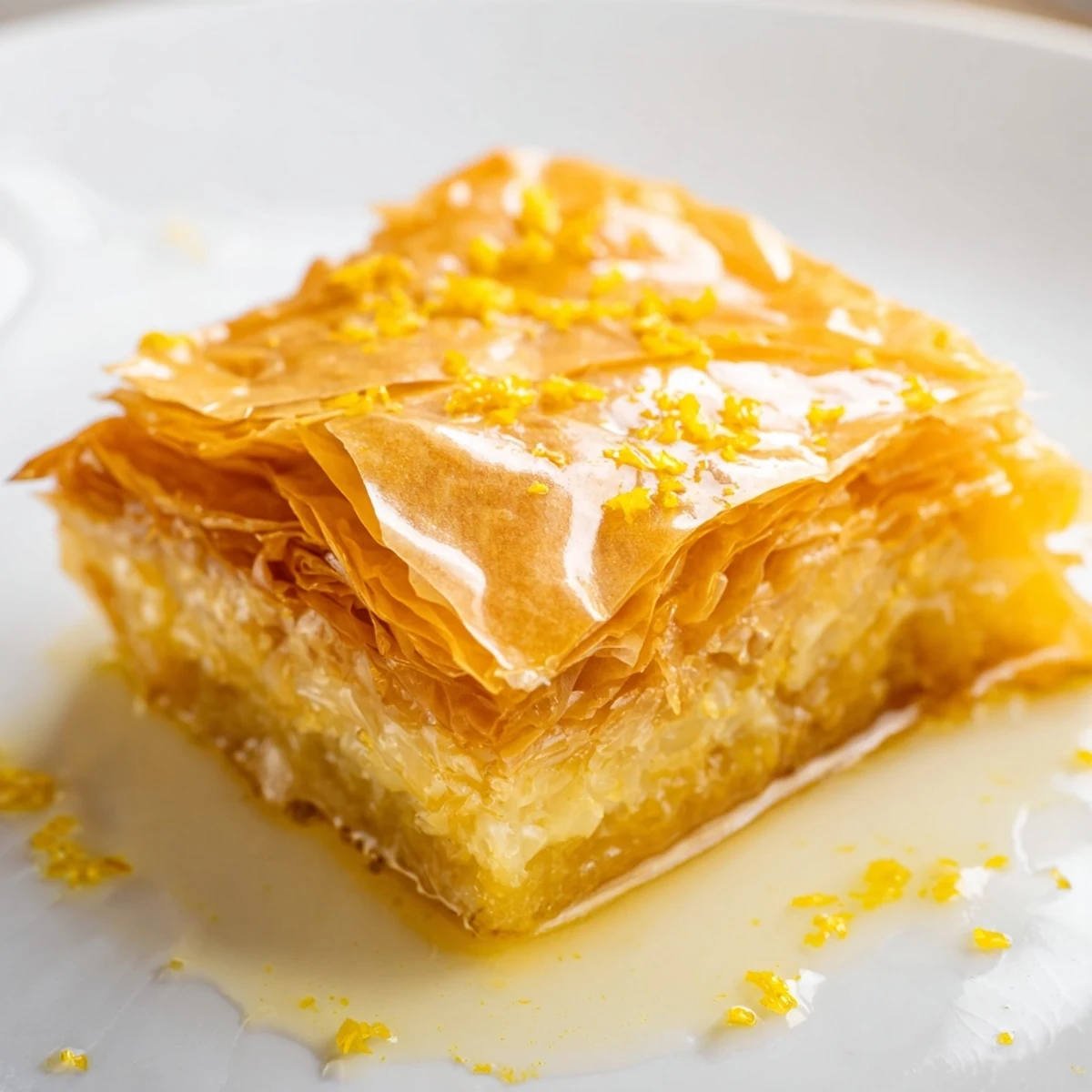Freshly baked Portokalopita Greek dessert with golden crispy phyllo, citrusy orange aroma, and syrup drizzled over the top, ready to serve.