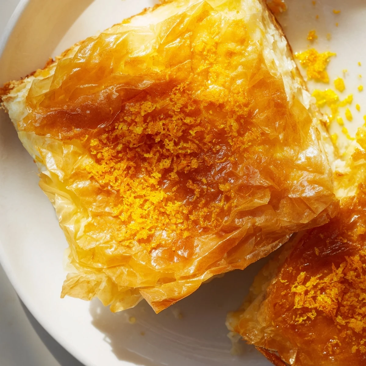 A slice of Portokalopita on a dessert plate, garnished with orange zest and paired with vanilla ice cream for a sweet Greek treat.