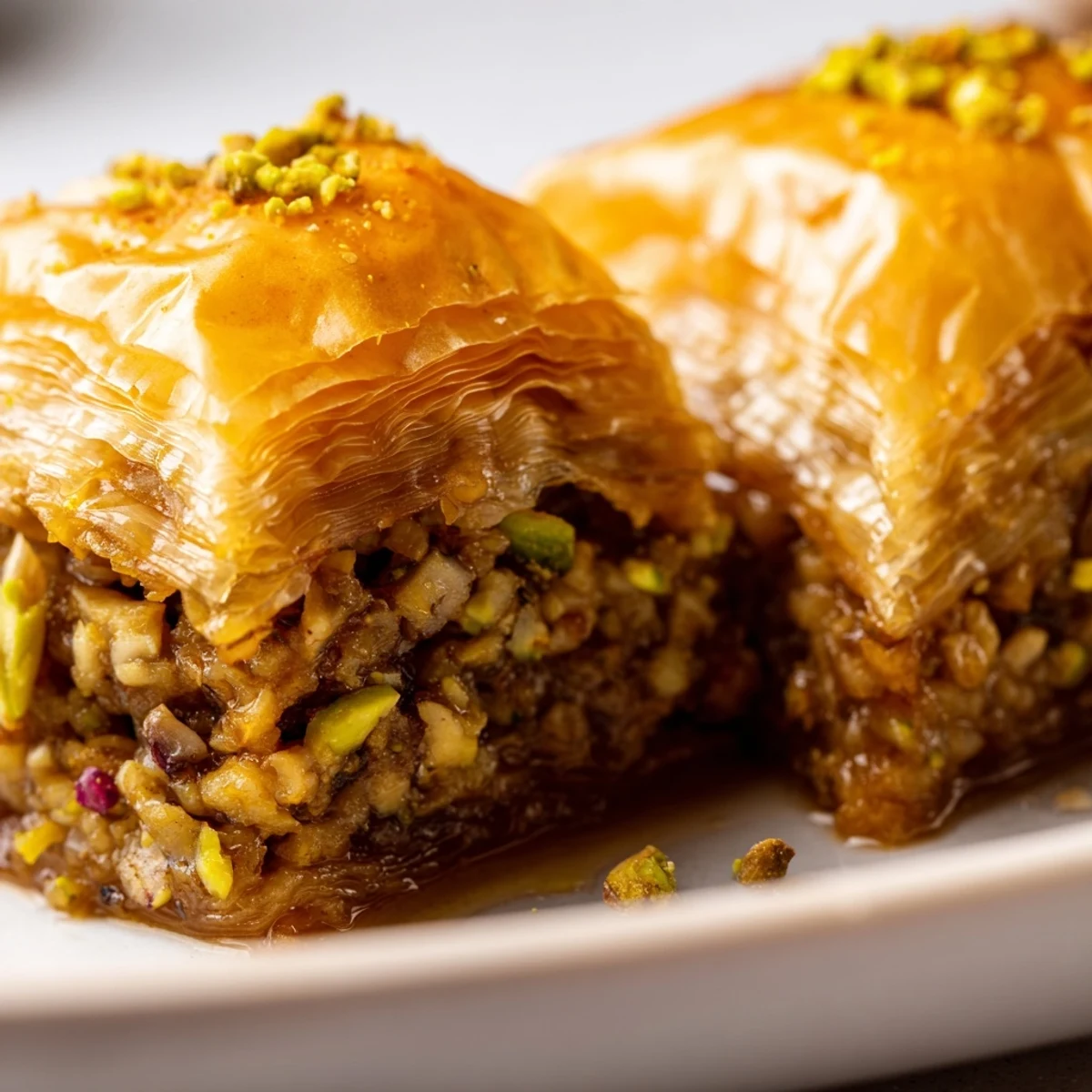 Golden, crisp layers of Greek Baklava glistening with honey syrup and topped with chopped pistachios on a white plate.