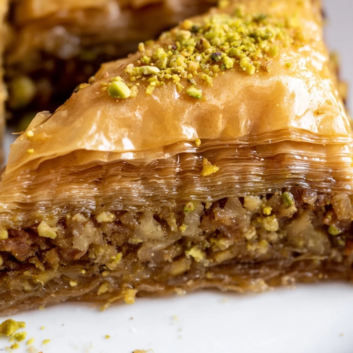 A close-up of Greek Baklava revealing flaky phyllo layers and a rich walnut filling, perfect for a dessert spread.