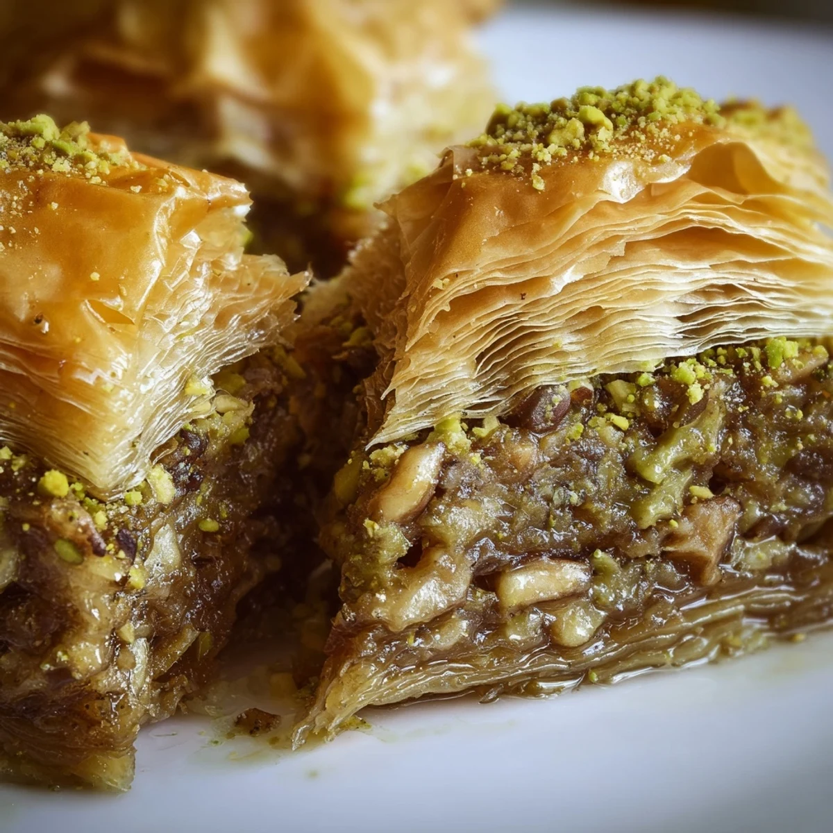 Freshly baked Greek Baklava cut into diamond shapes, with a drizzle of honey and a cup of coffee nearby.