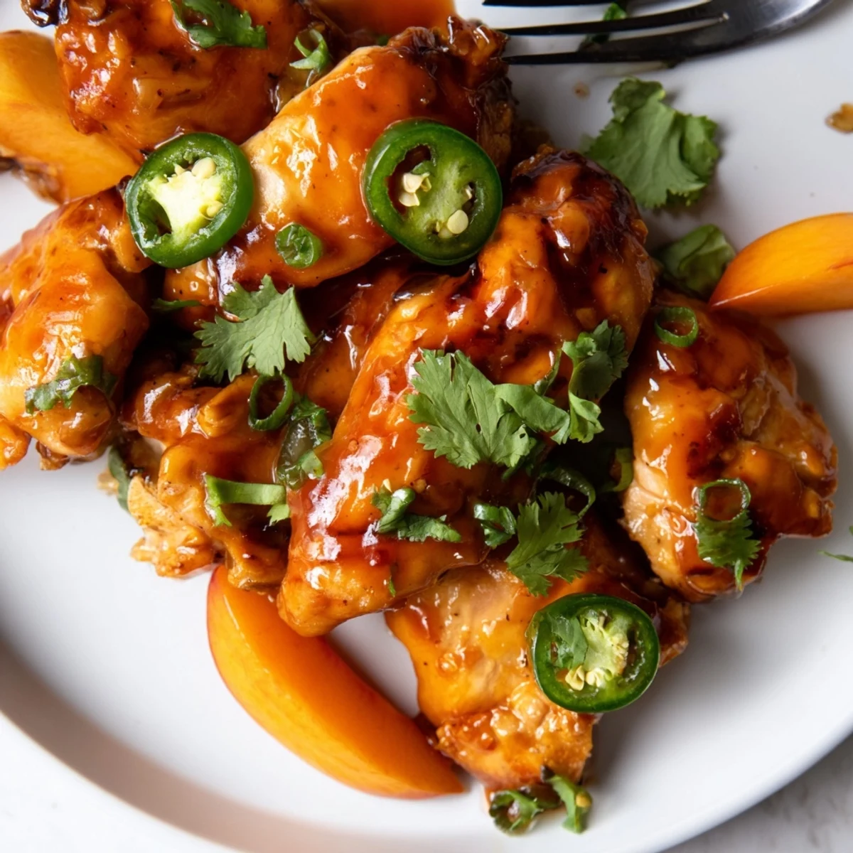 Sizzling Jalapeño Peach Glazed Chicken fresh from the oven, glistening with sweet and spicy sauce.