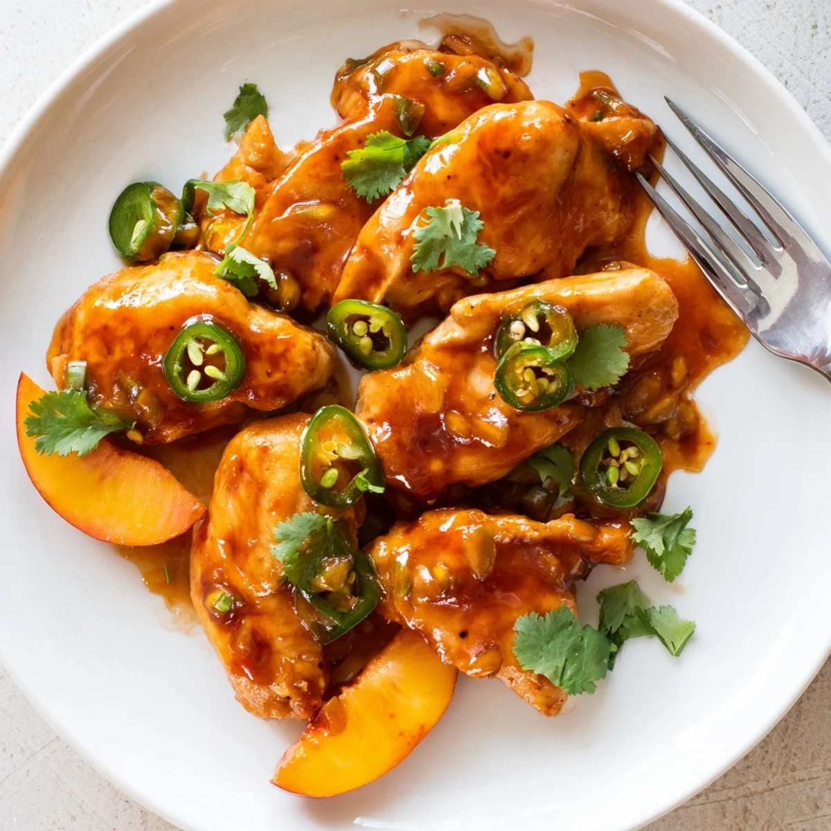 Jalapeño Peach Glazed Chicken served on a plate with fresh cilantro and peach slices.