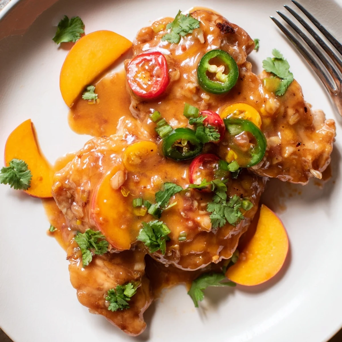 Golden seared Jalapeño Peach Glazed Chicken resting in a skillet with a thick, sticky glaze.