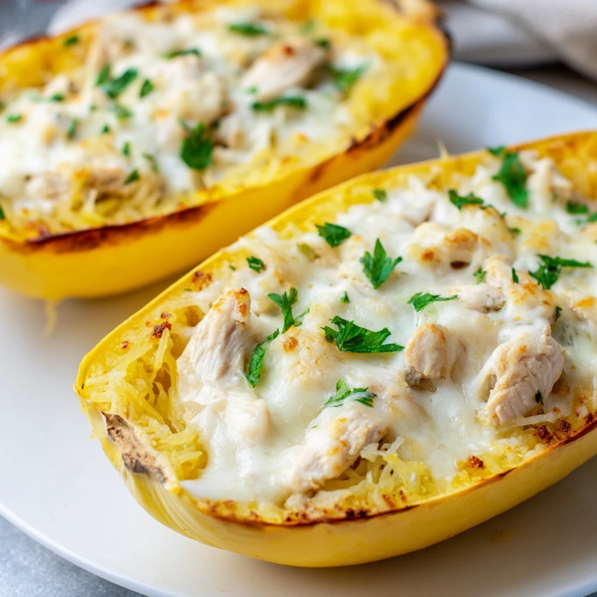 Juicy chicken and rich Parmesan Alfredo sauce filling roasted spaghetti squash boats on a rustic wooden table.