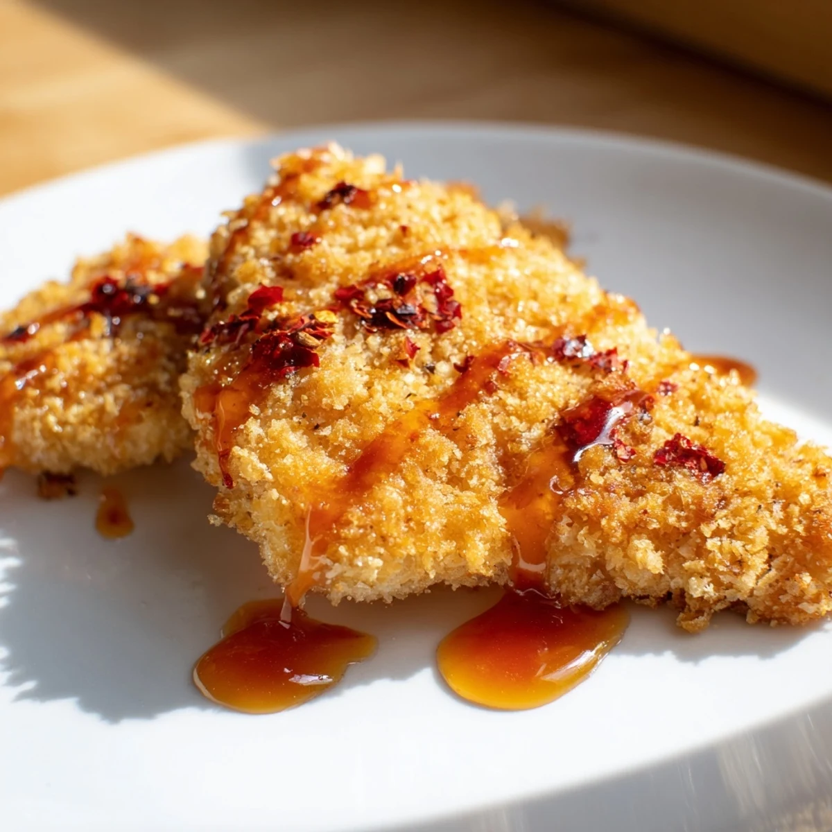Freshly baked crunchy hot honey chicken rests on parchment, showcasing a crispy golden crust and warm sticky honey sauce ideal for a main dish dinner.