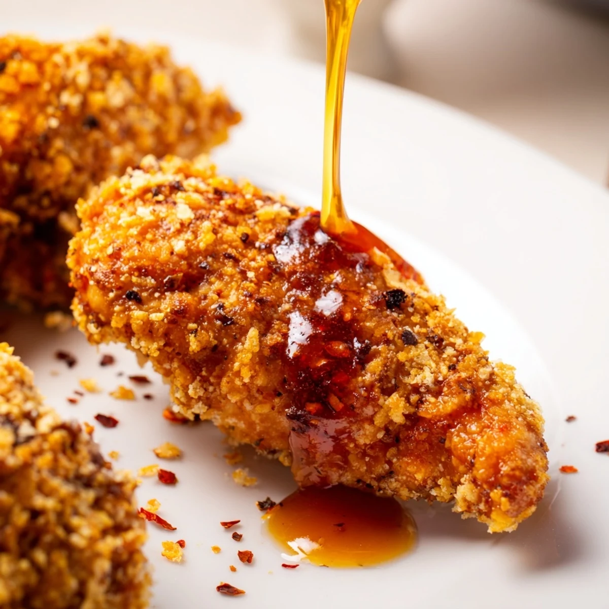 Juicy chicken breasts with a crunchy coating are drizzled with hot honey, served alongside sweet potato fries for a delicious American-inspired family meal.