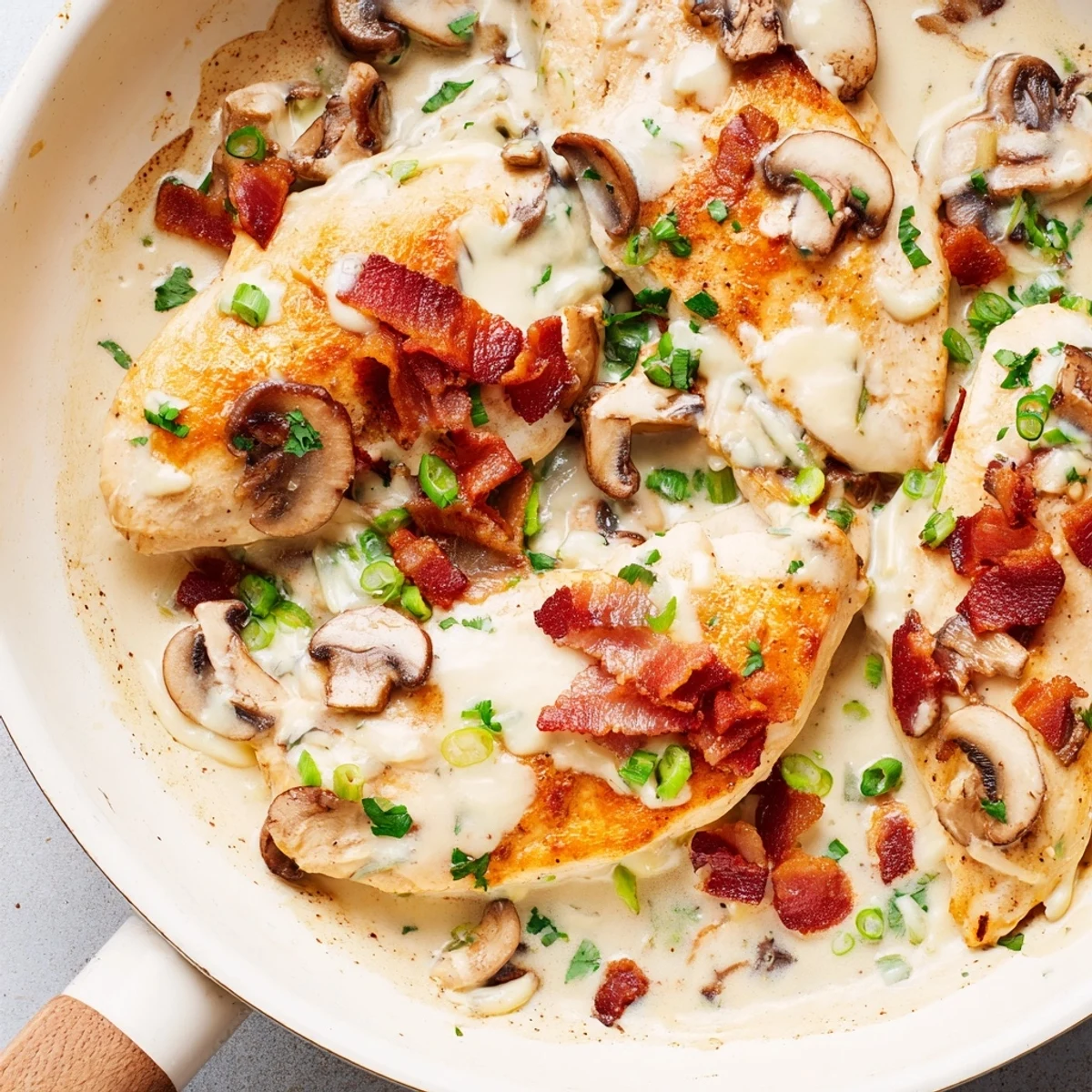 A close-up of Mississippi Mud Chicken with bubbly melted cheese, crispy bacon bits, and fresh green onions garnish served over a bed of fluffy white rice.