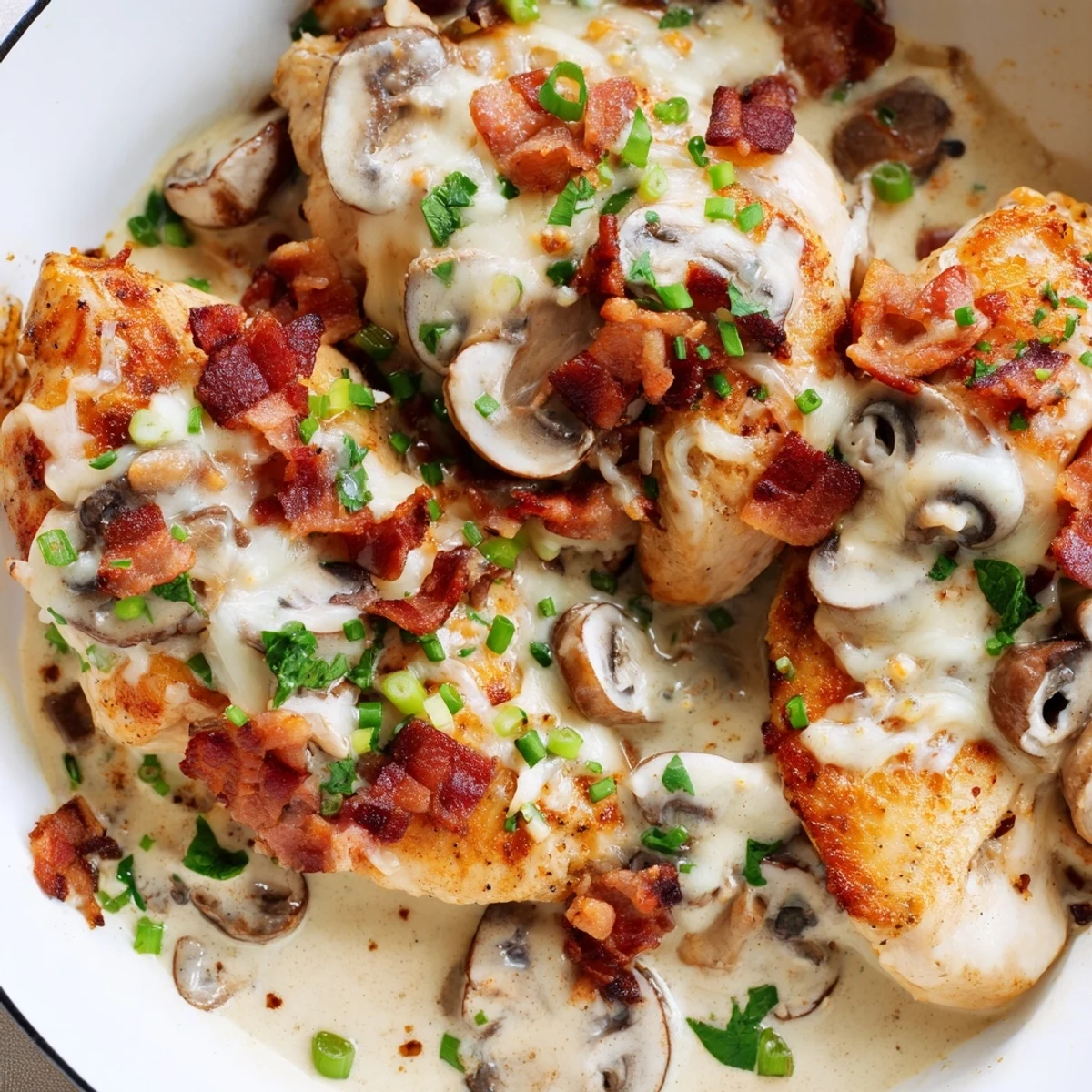 Hearty skillet meal of Mississippi Mud Chicken with tender meat, savory garlic cream sauce, and mushrooms, garnished with parsley for a Southern-inspired family dinner.