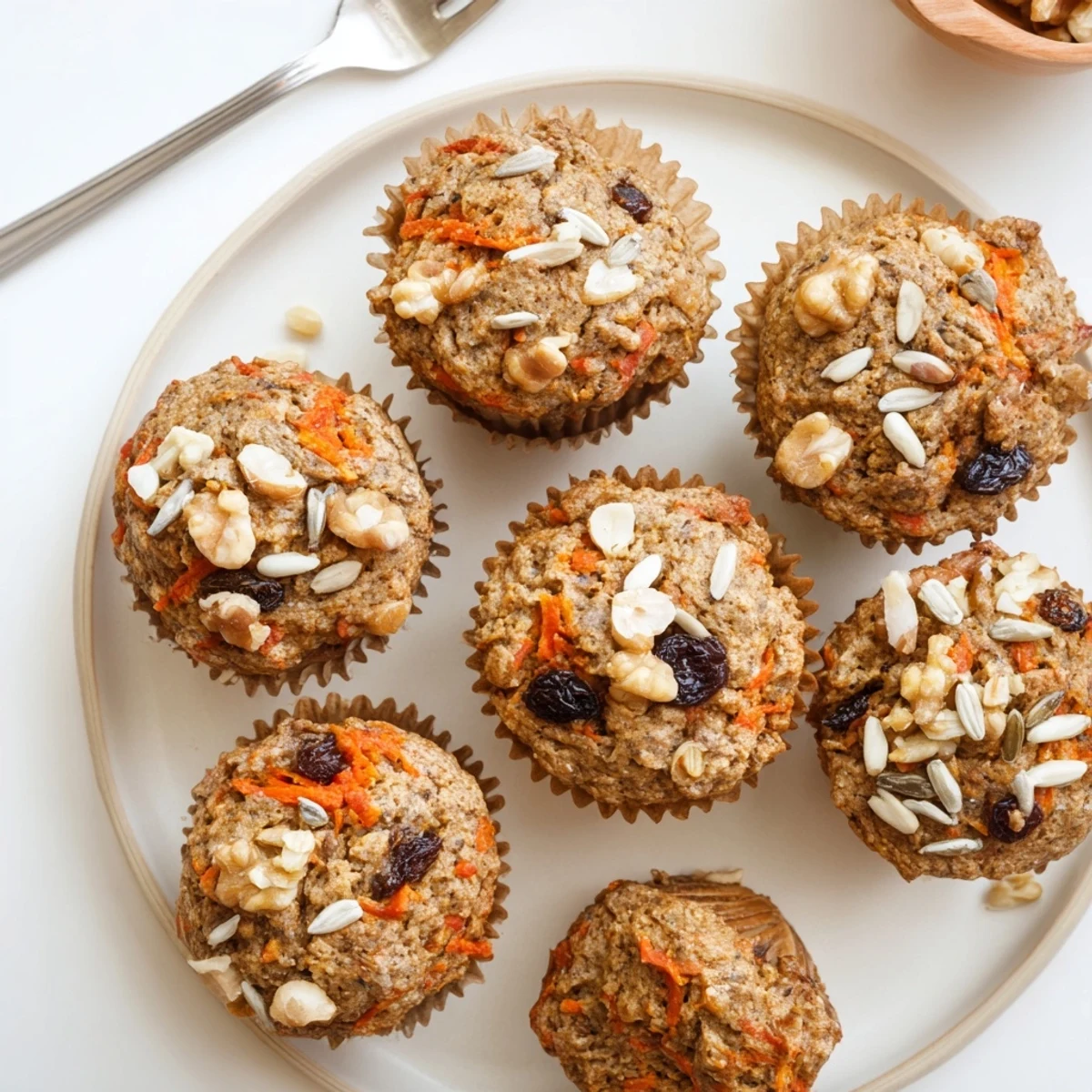 Golden-brown Morning Glory Muffins studded with walnuts and shredded carrots, presented on a rustic wooden board.