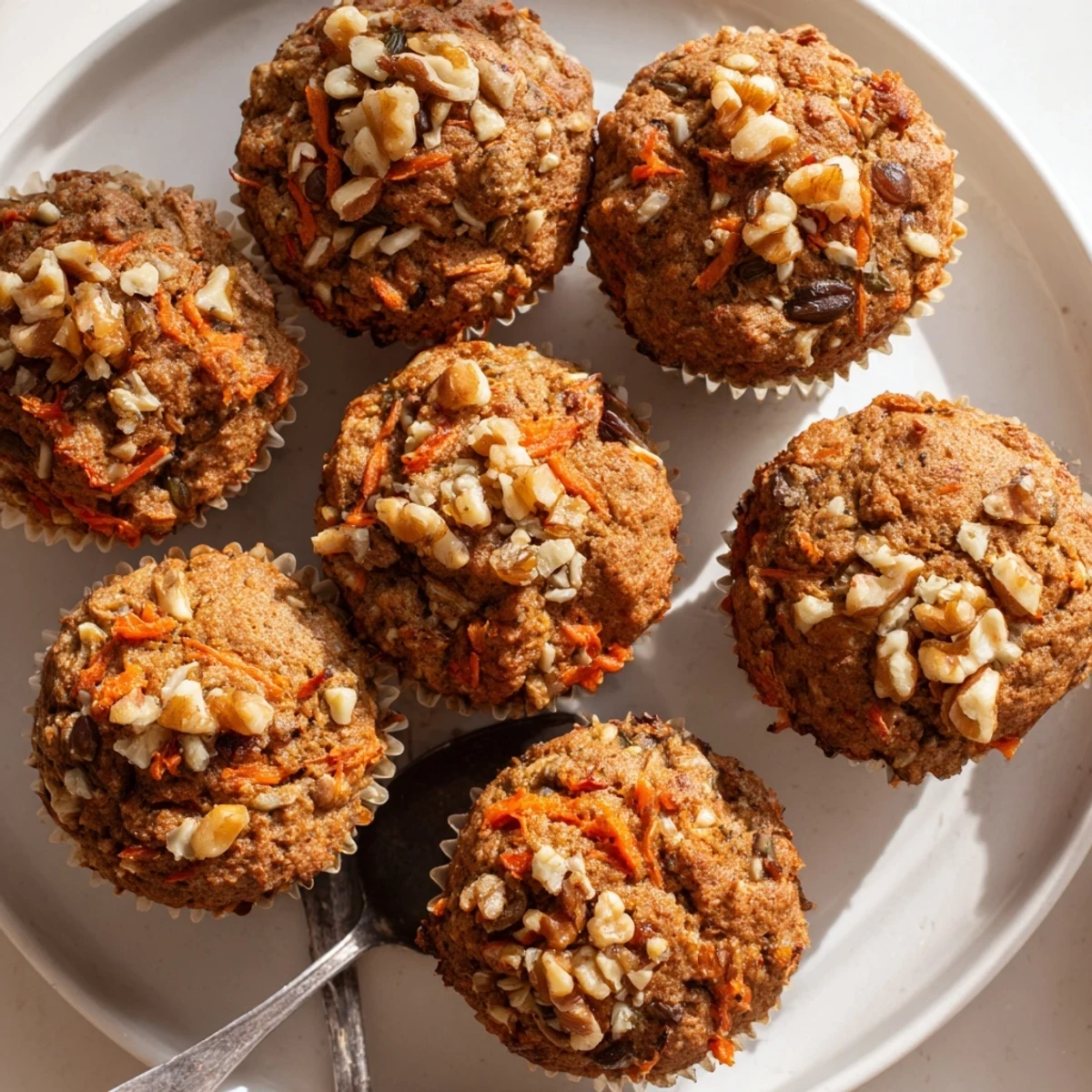Freshly baked Morning Glory Muffins arranged in a tin, radiating warm cinnamon aromas and wholesome morning goodness.