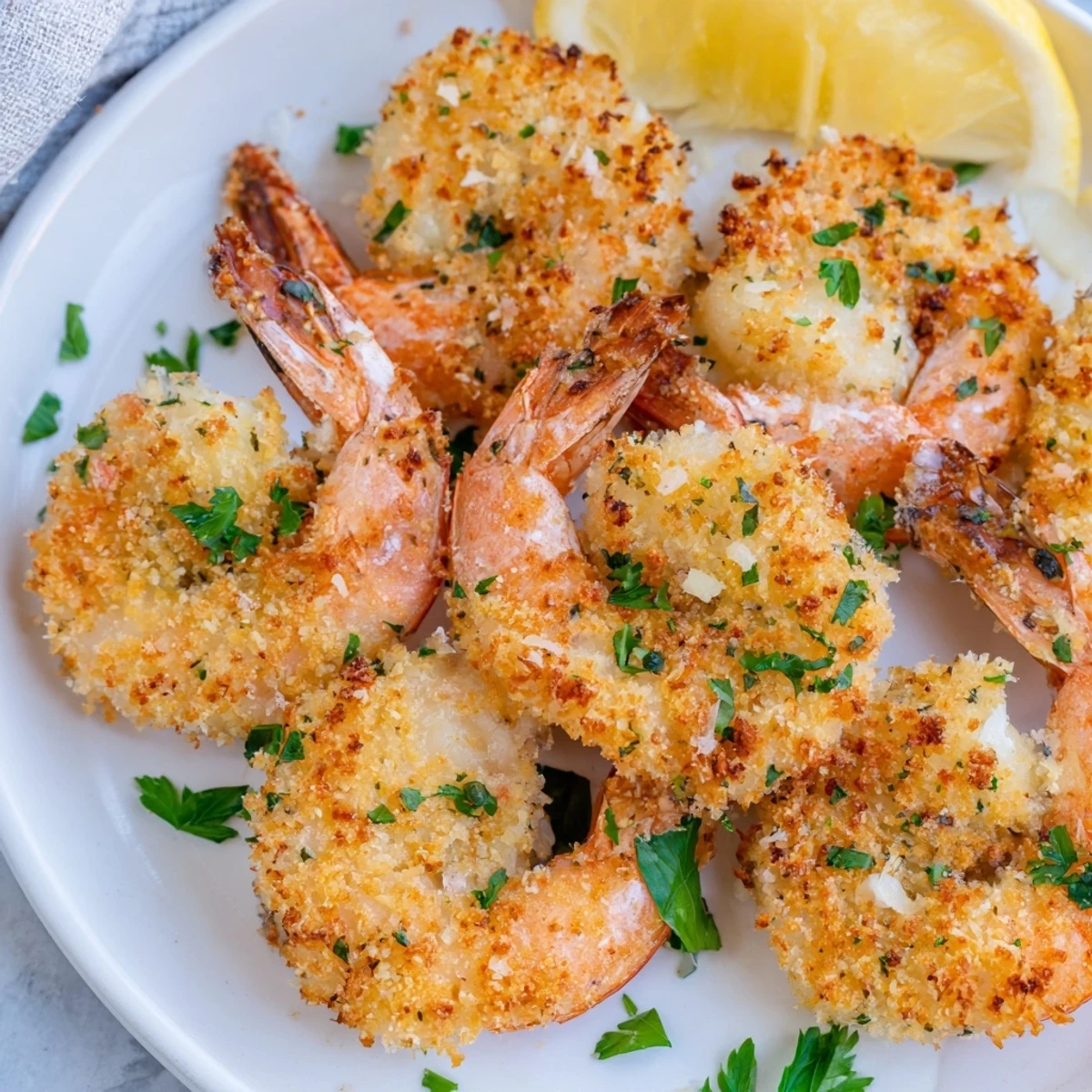 Air fryer garlic parmesan shrimp glistening with melted cheese and flecks of parsley, served with bright lemon wedges.