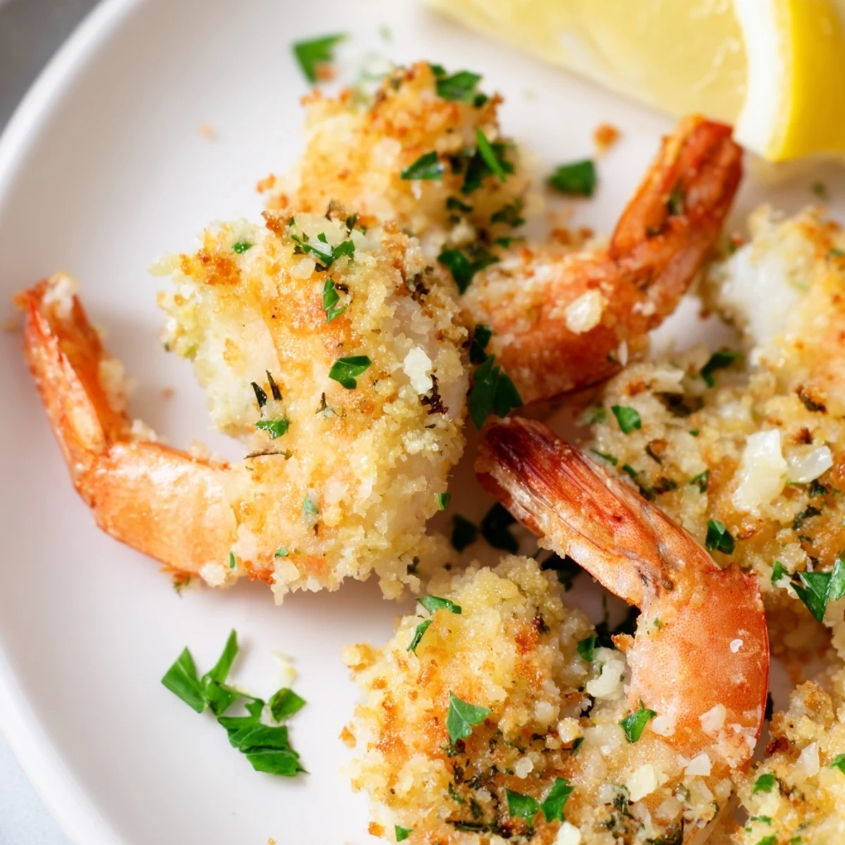 Air fryer garlic parmesan shrimp plated over pasta, garnished with fresh parsley and lemon wedges, ready to serve.
