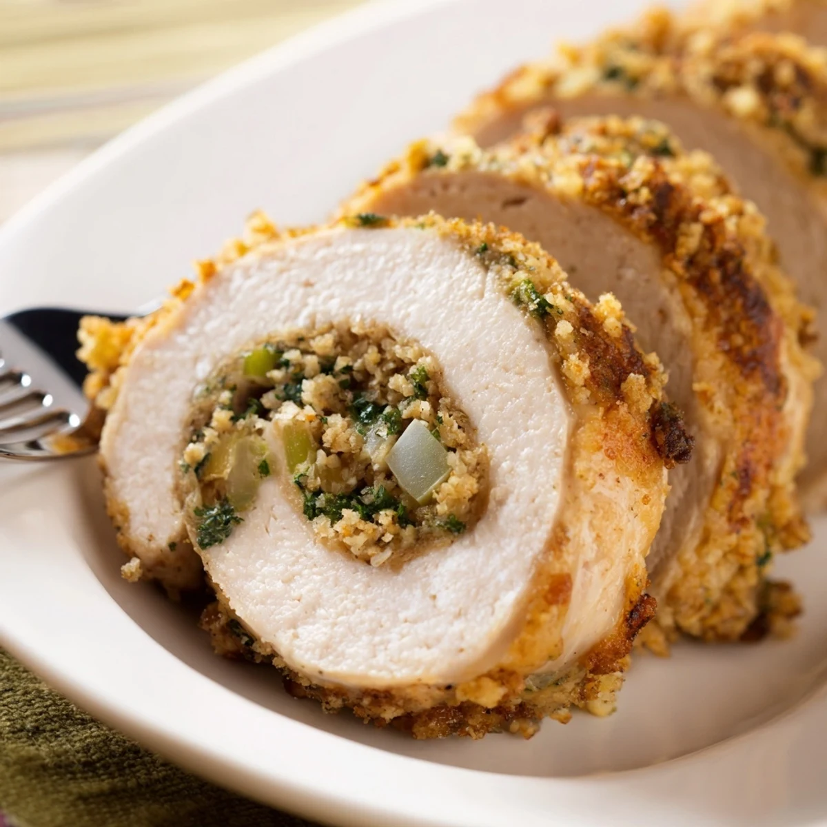 Golden-brown Flavor-Packed Turkey Roll Ups with Stuffing resting on a white plate, garnished with fresh parsley.