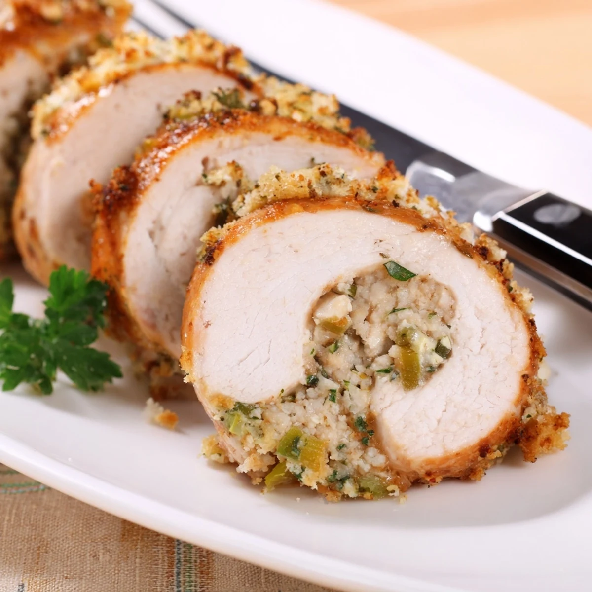 Overhead shot of four sliced Flavor-Packed Turkey Roll Ups with Stuffing showing the savory stuffing inside.