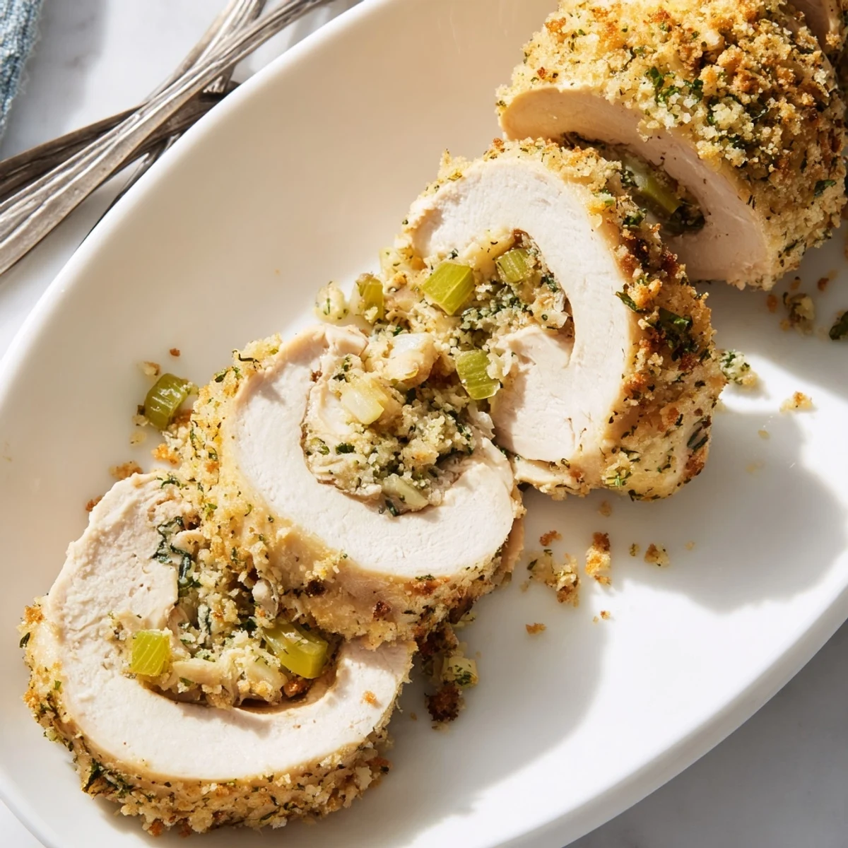 Platter of baked Flavor-Packed Turkey Roll Ups with Stuffing served with a side of cranberry sauce.