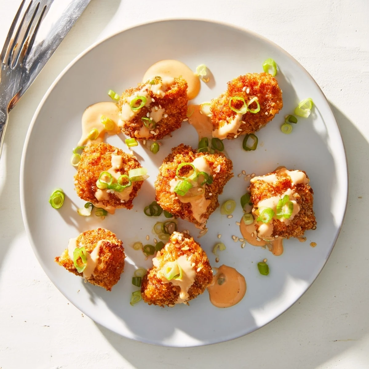 Low-carb Bang Bang Chicken served over crisp lettuce cups, garnished with fresh scallions and sesame seeds, highlighting the vibrant, spicy sauce in a healthy main dish.