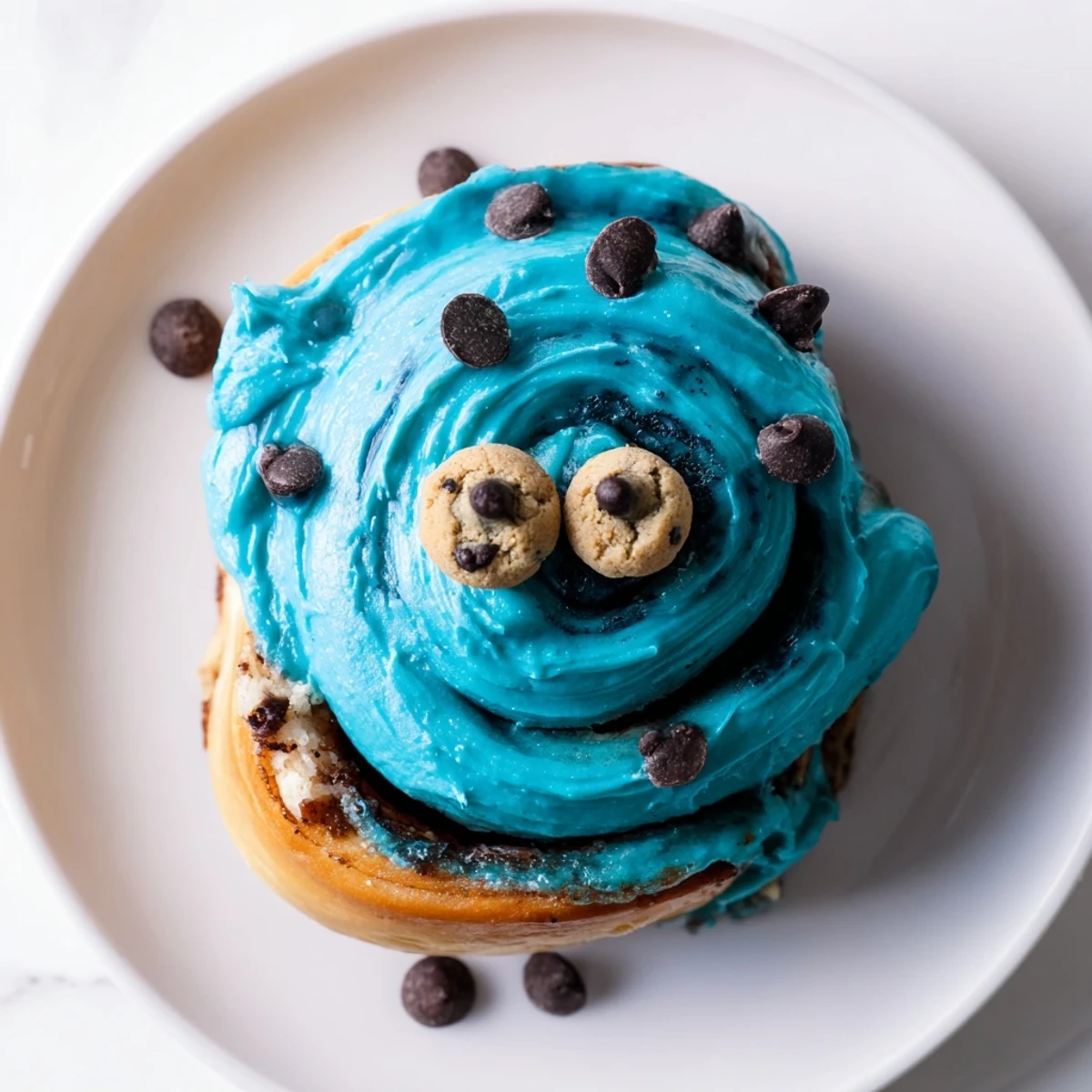 Freshly baked Cookie Monster Cinnamon Rolls sit on a wooden board, their vibrant blue cream cheese frosting glistening while playful cookie eyes peek out from each fluffy swirl. 