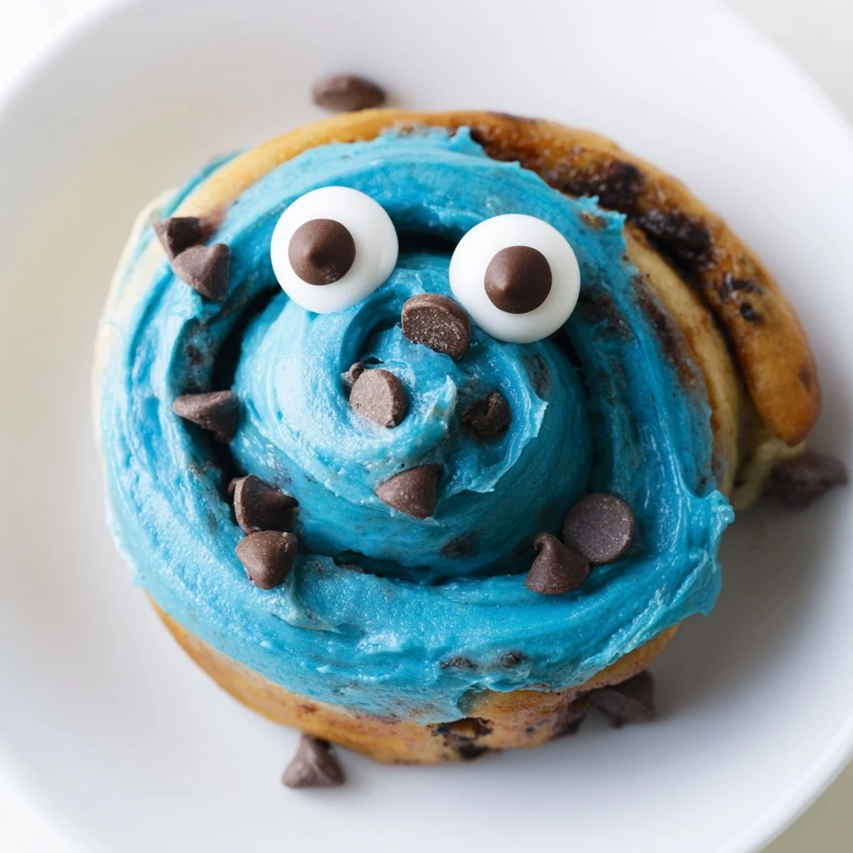 A close-up shot of Cookie Monster Cinnamon Rolls reveals thick blue frosting dripping down the sides, highlighting the sweet cinnamon-sugar swirls and mini cookie decorations.