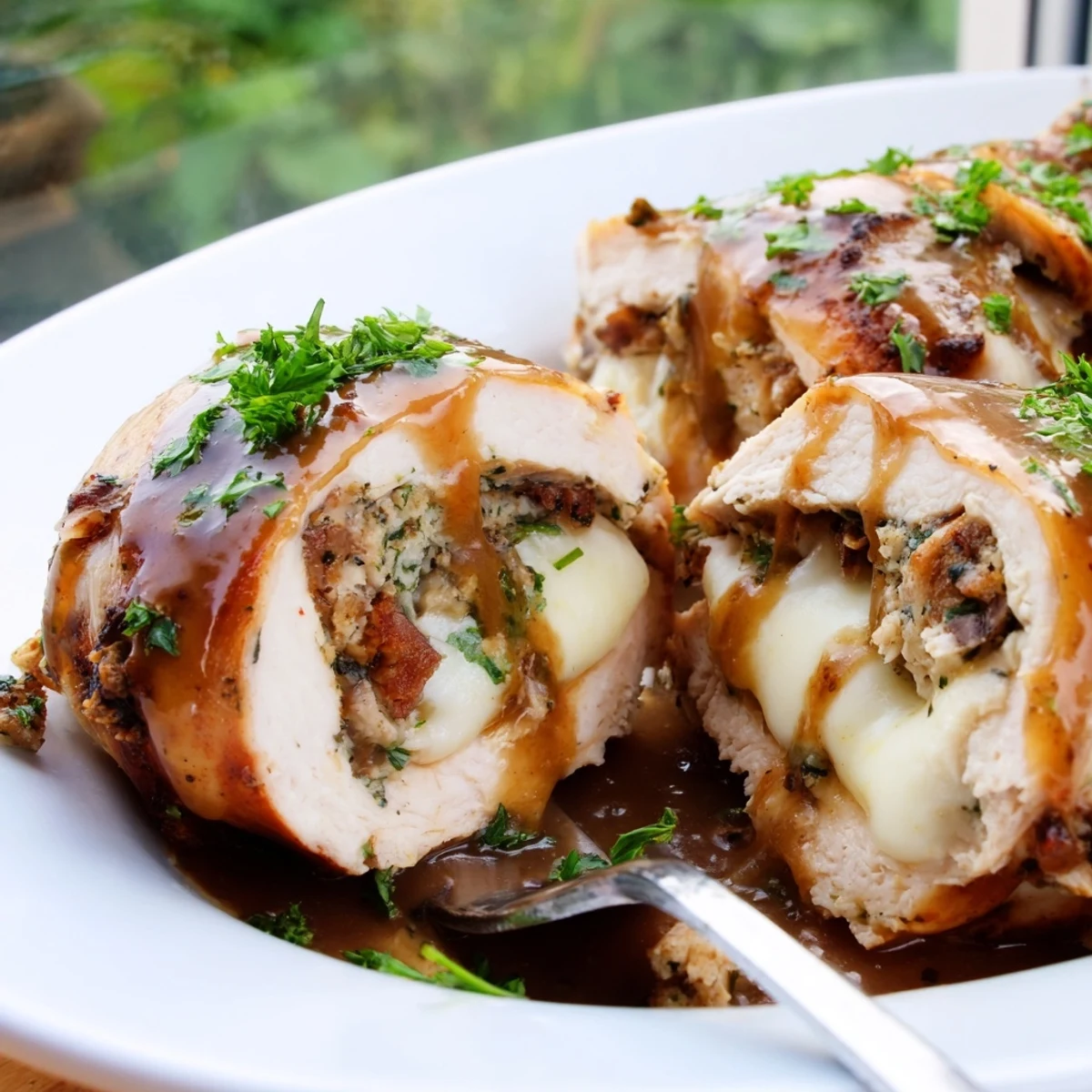 Juicy turkey roll-ups with stuffing and melted cheese, served on a plate with rich gravy drizzle and fresh parsley garnish.