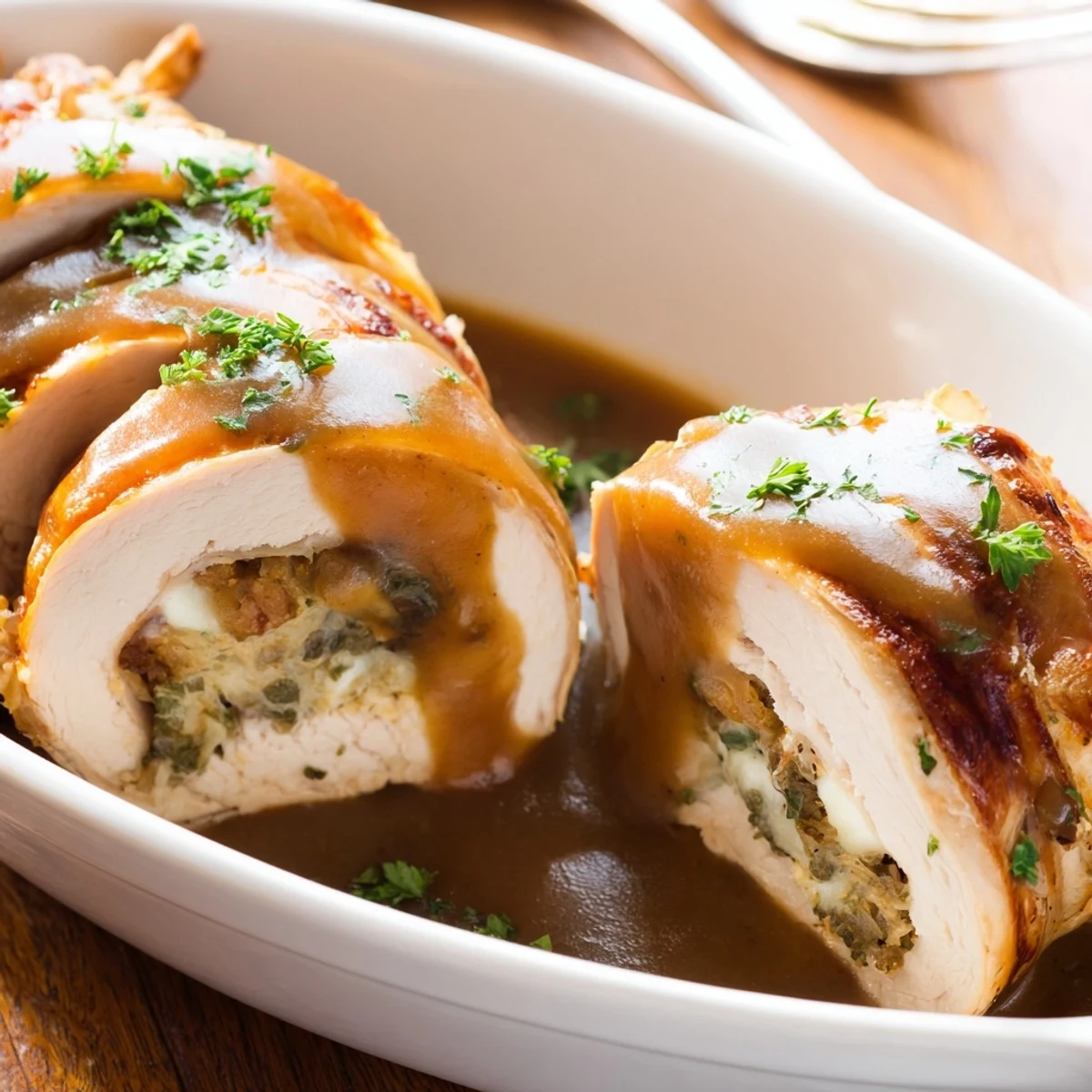 Tender turkey breast slices rolled with savory stuffing, topped with provolone and parsley, ready to be enjoyed for a comforting American meal.