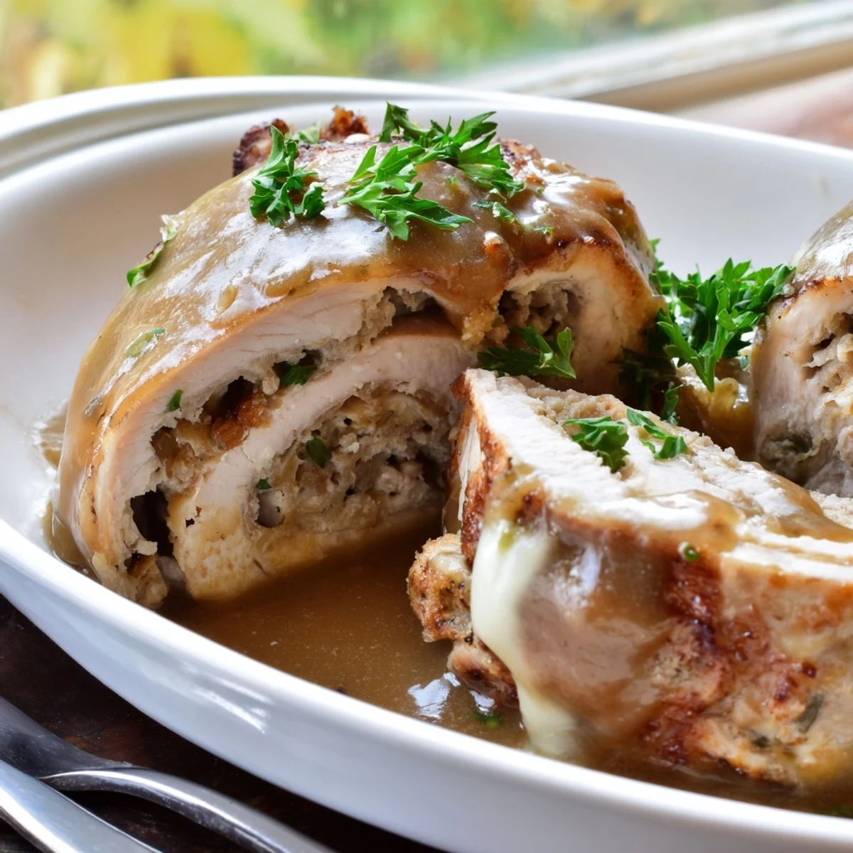 Baked turkey roll-ups with stuffing inside, golden brown and glistening with gravy, resting in a baking dish for a cozy dinner.