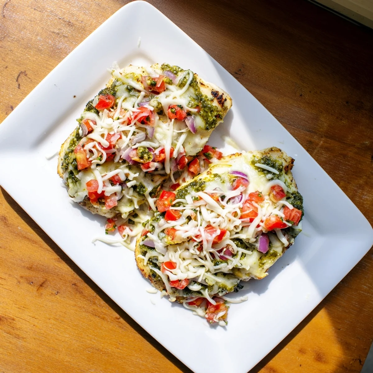 Golden baked chicken breasts smothered in basil pesto, topped with vibrant bruschetta and gooey cheese.  