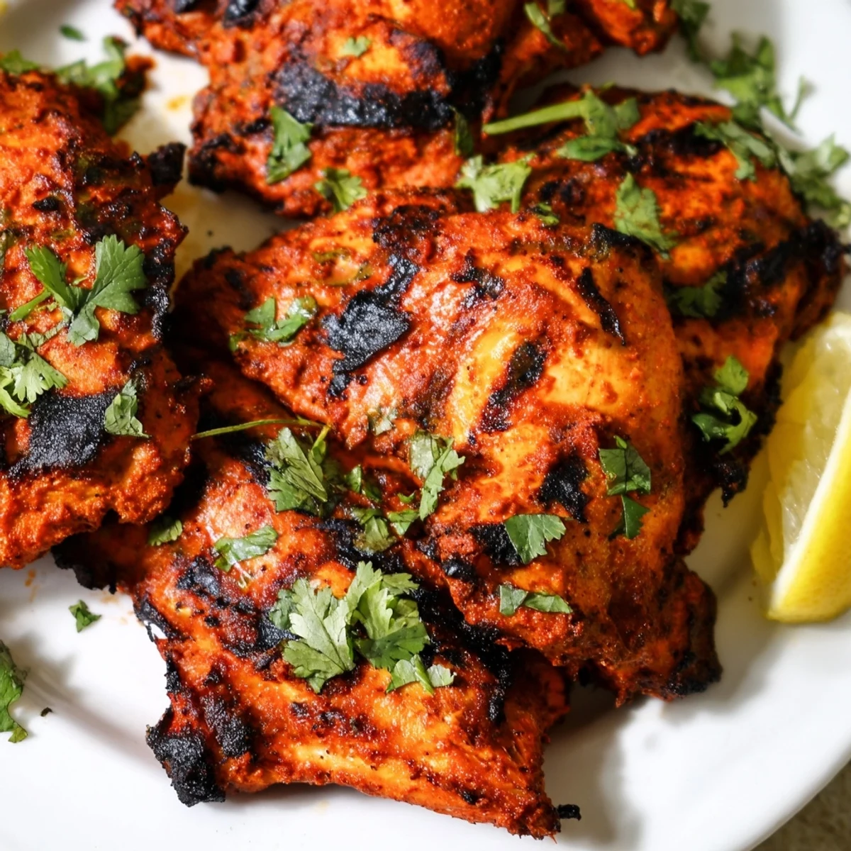 Grilled tandoori chicken sizzling on the grill with charred edges and a smoky aroma.