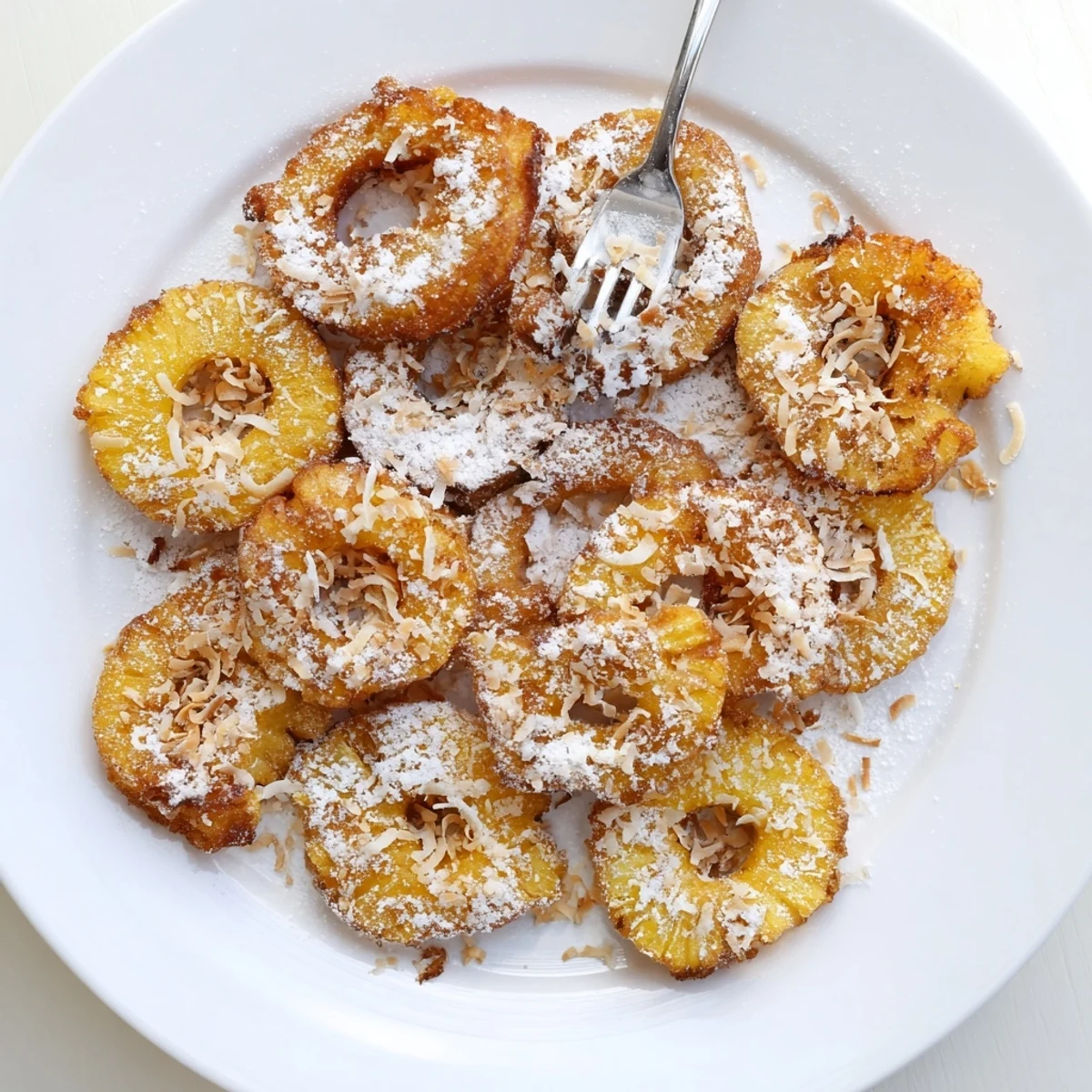 Sliced Heavenly Pineapple Fritters That Bring Tropical Joy topped with toasted coconut, served warm.