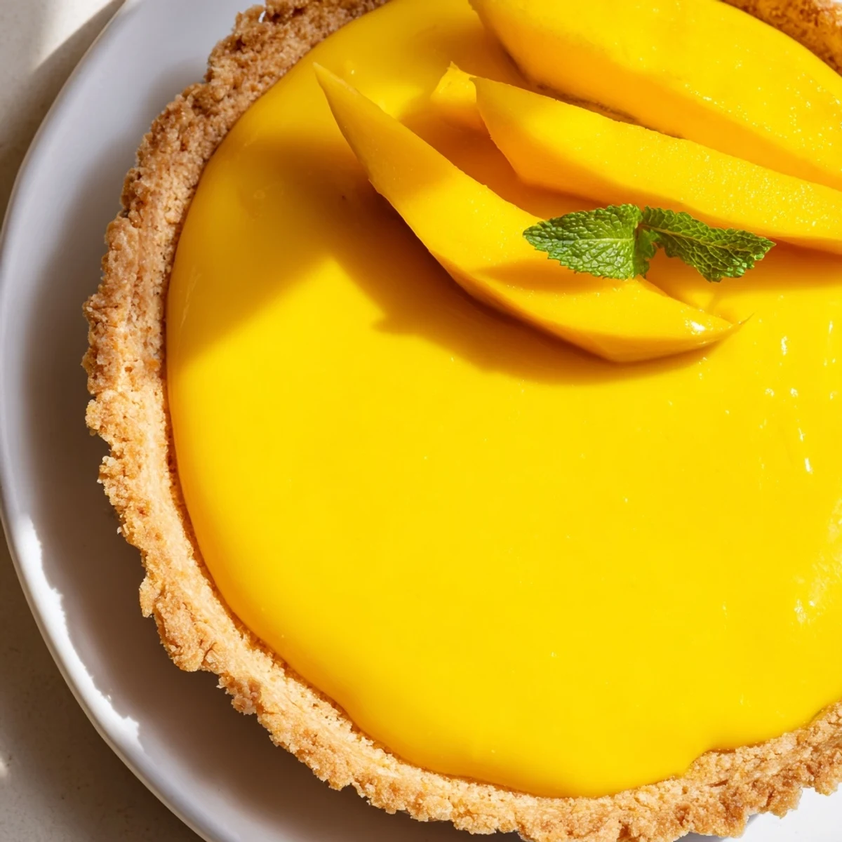 Sliced wedge of Mango Curd Tart on a white plate, showcasing vibrant orange curd and buttery tart shell.
