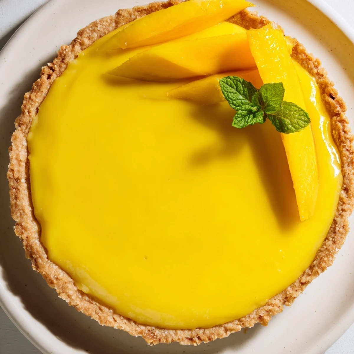 Freshly baked Mango Curd Tart with silky filling in a golden crust, garnished with mango slices and mint.