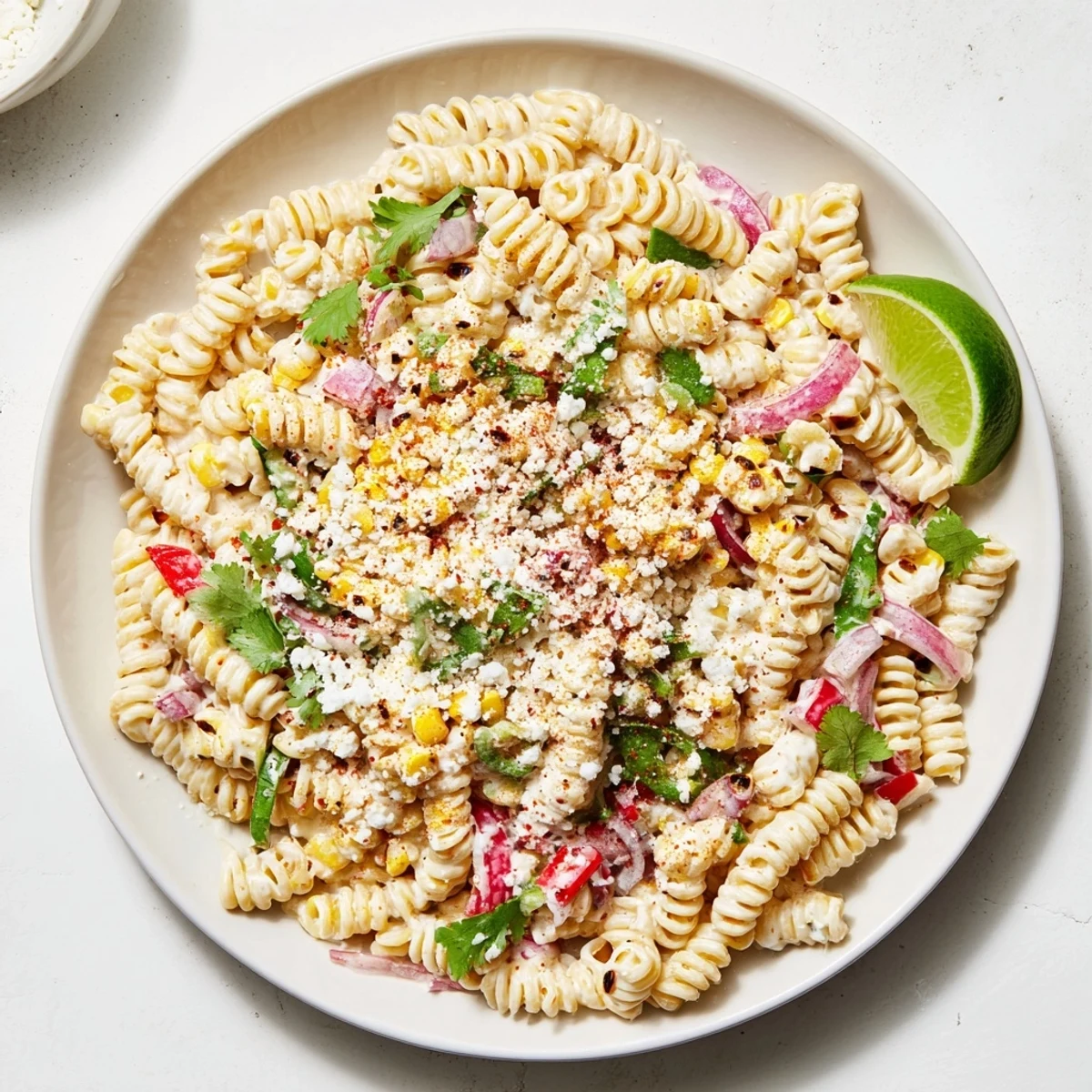 Overhead view of Juicy Street Corn Pasta Salad showing vibrant colors and textures, grilled corn, red onion, and jalapeño speckled throughout, with lime wedges and a sprinkle of chili powder on top. 